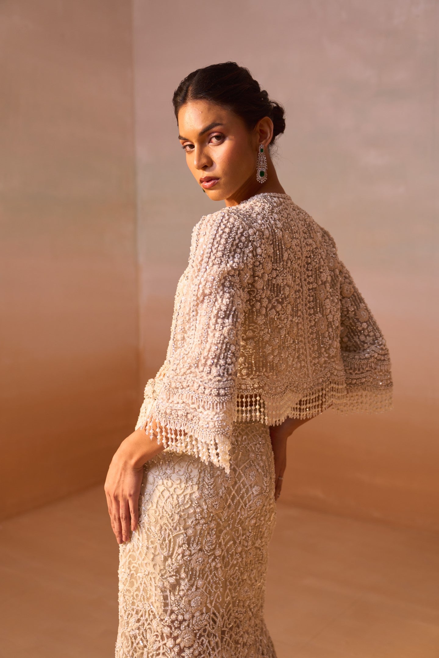 Ivory Embellished Fishtail Trail Skirt with Pleated Bustier & Jacket