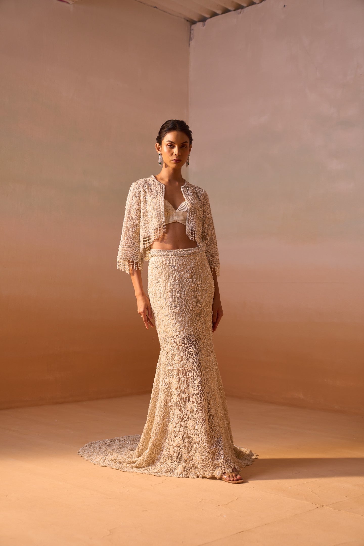 Ivory Embellished Fishtail Trail Skirt with Pleated Bustier & Jacket