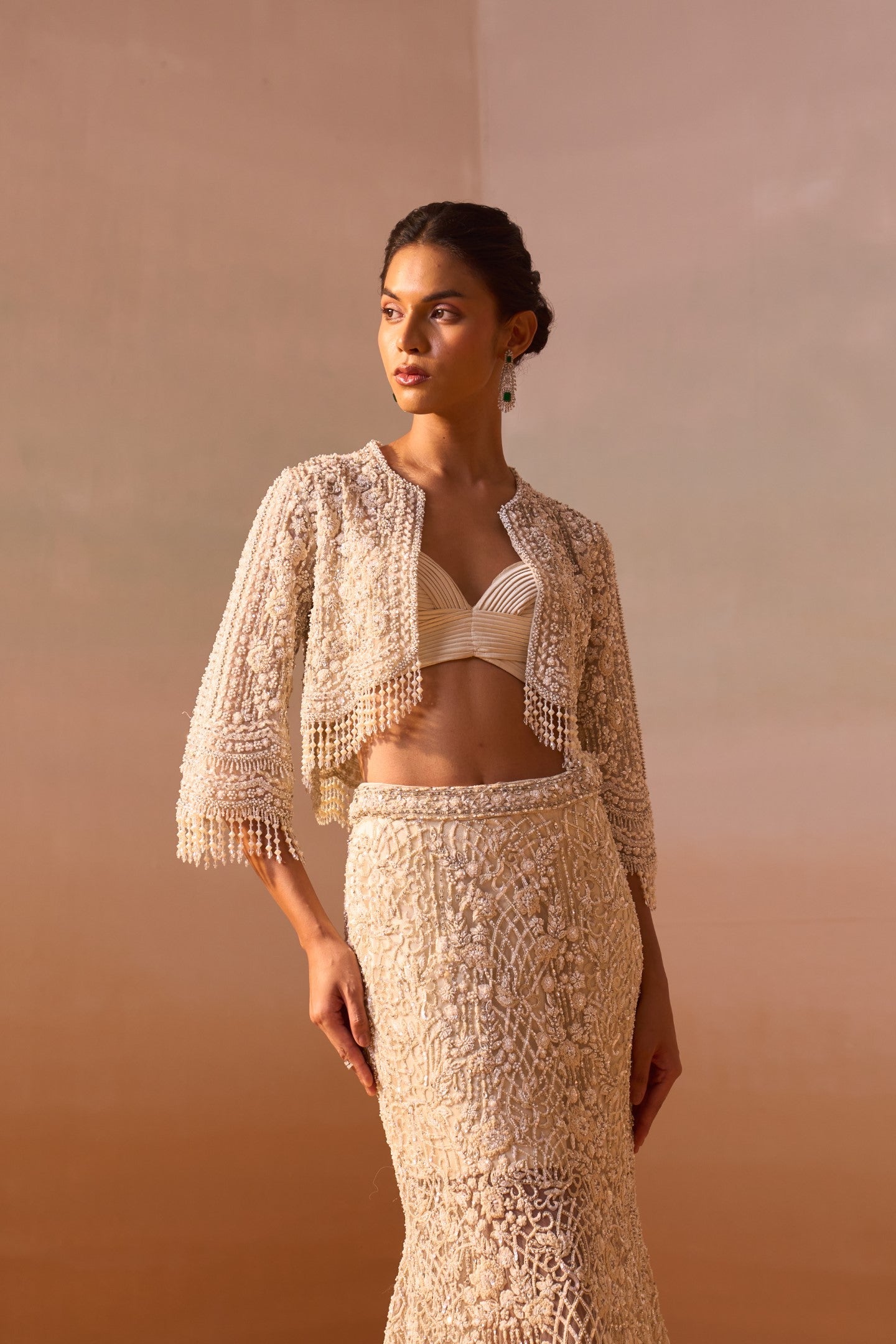 Ivory Embellished Fishtail Trail Skirt with Pleated Bustier & Jacket