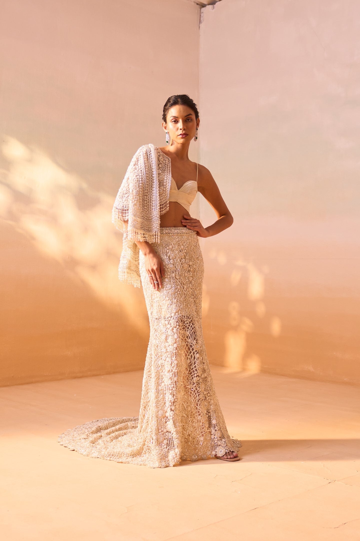 Ivory Embellished Fishtail Trail Skirt with Pleated Bustier & Jacket