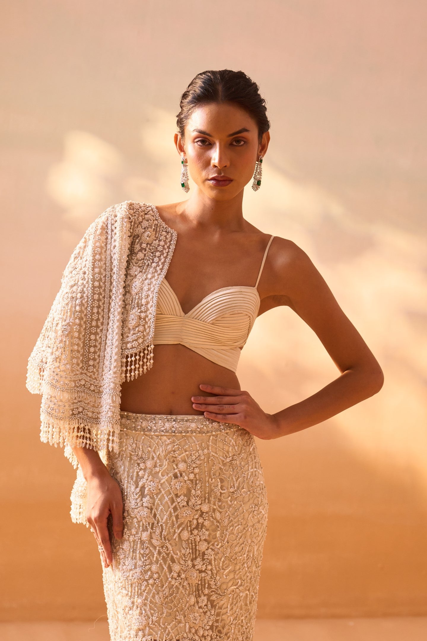 Ivory Embellished Fishtail Trail Skirt with Pleated Bustier & Jacket