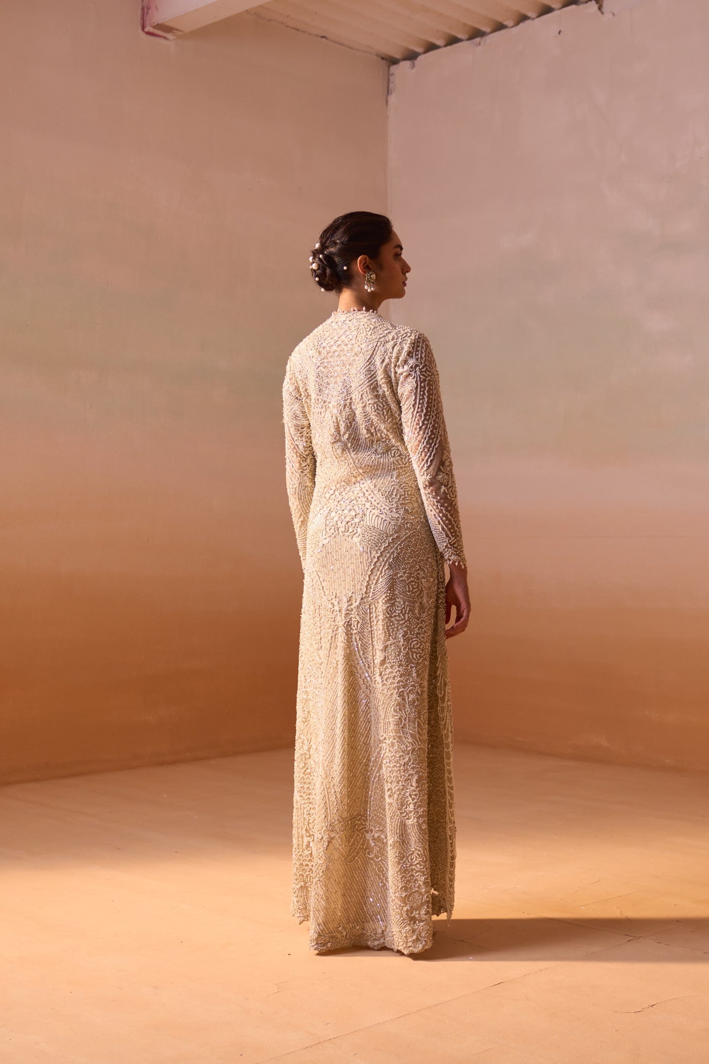 Ivory Net Jacket and Draped Satin Skirt Set for Occasion Wear