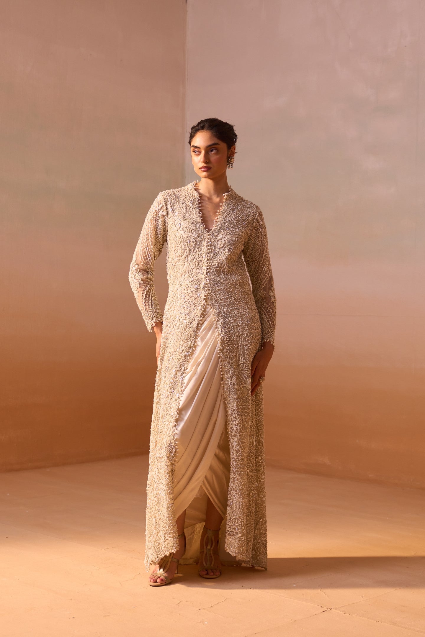 Ivory Net Jacket and Draped Satin Skirt Set for Occasion Wear