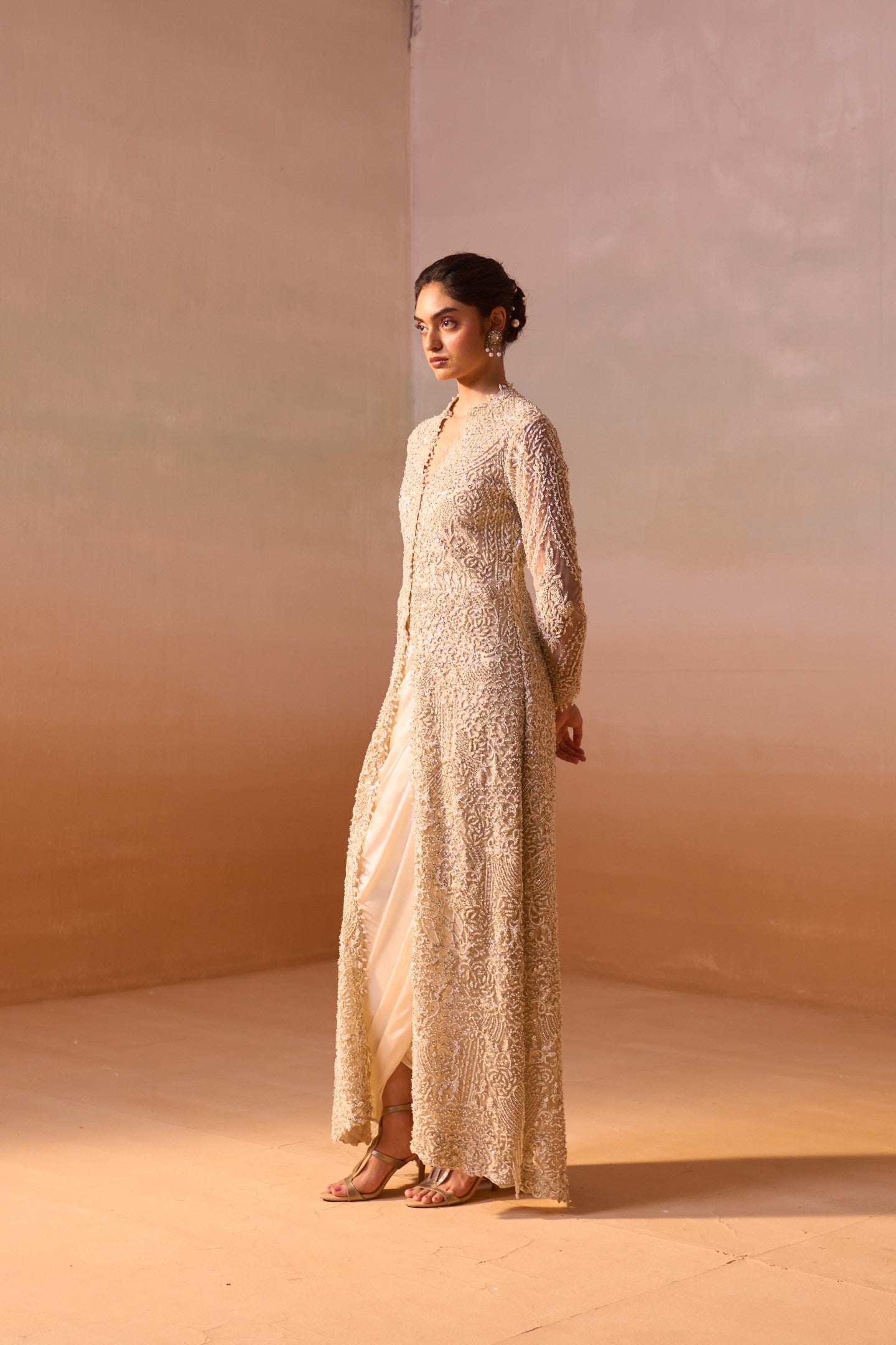 Ivory Net Jacket and Draped Satin Skirt Set for Occasion Wear