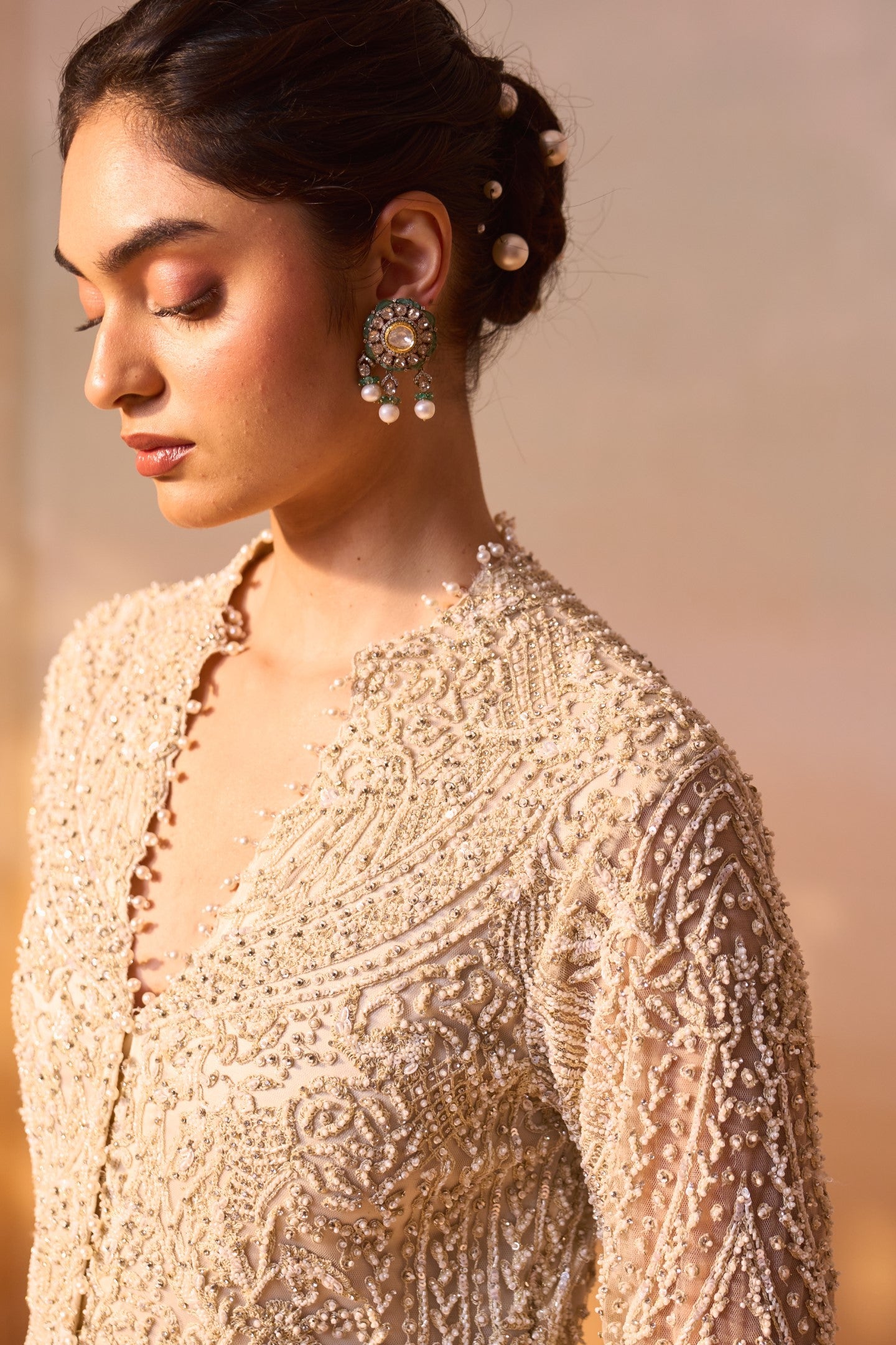 Ivory Net Jacket and Draped Satin Skirt Set for Occasion Wear