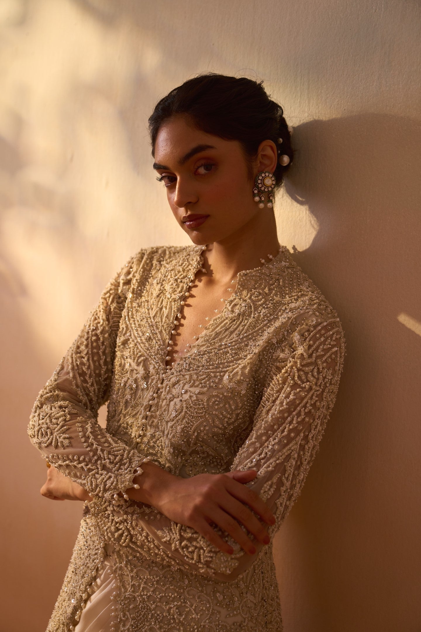 Ivory Net Jacket and Draped Satin Skirt Set for Occasion Wear