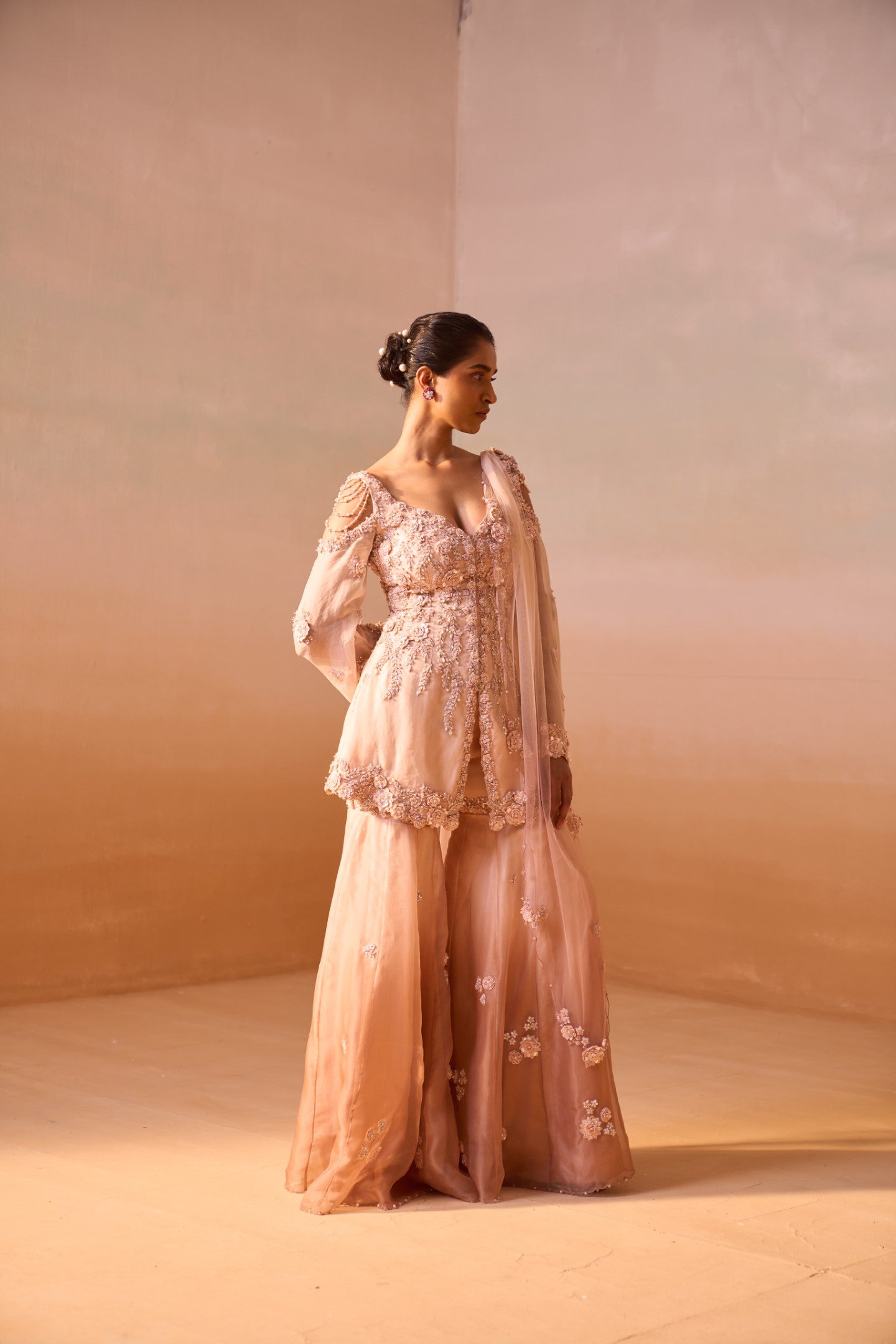Dusty Rose Ombre Organza Garara Set with 3D Floral Peplum
