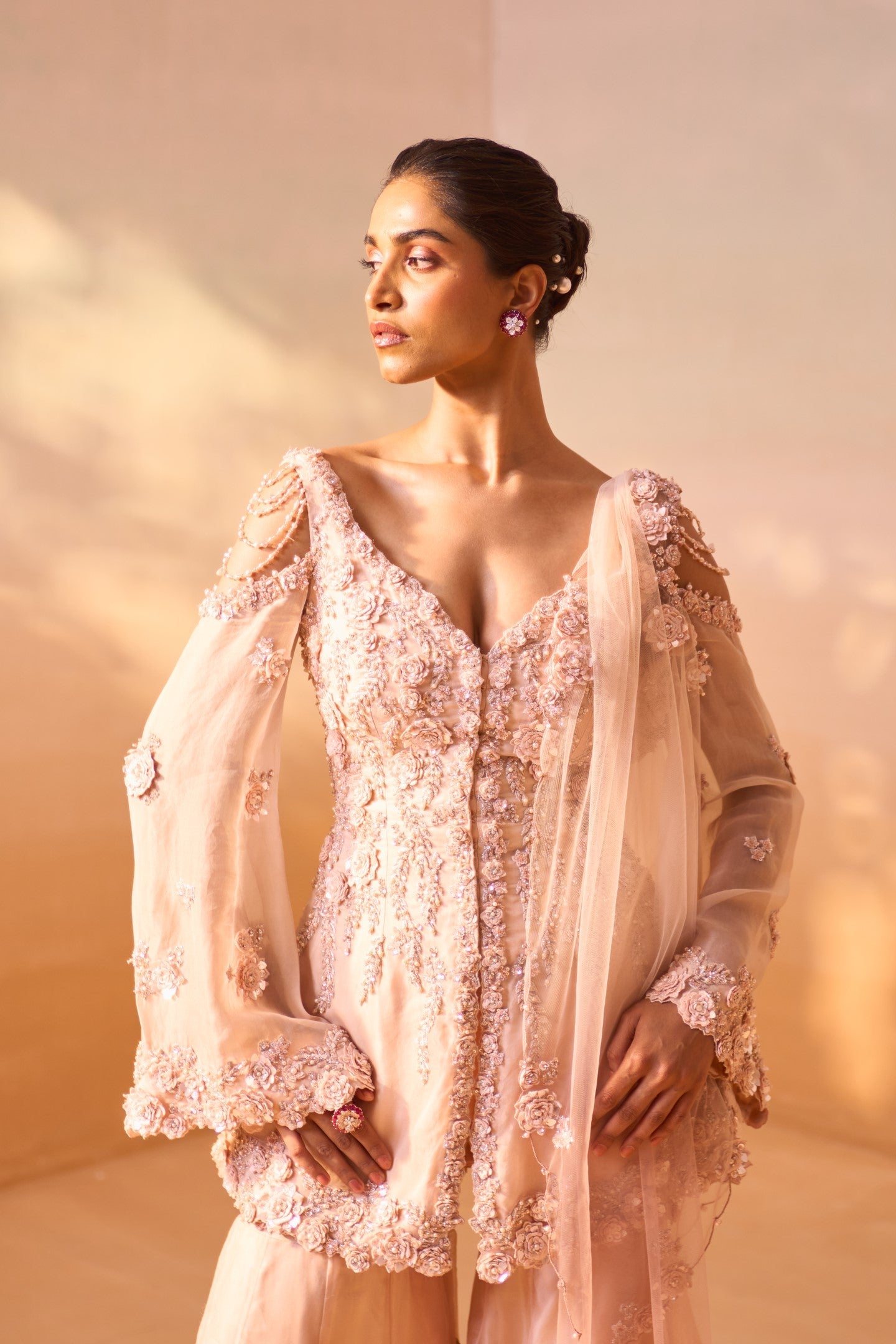 Dusty Rose Ombre Organza Garara Set with 3D Floral Peplum