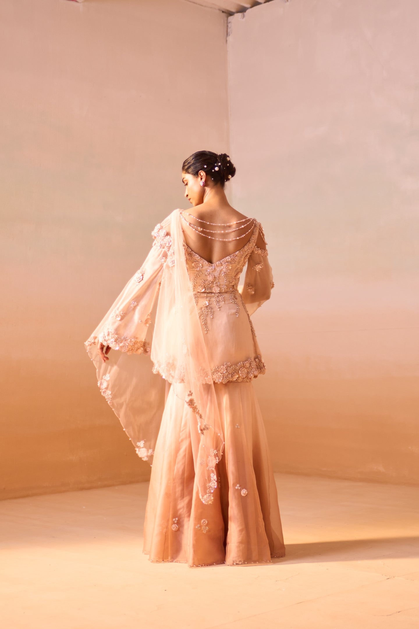 Dusty Rose Ombre Organza Garara Set with 3D Floral Peplum