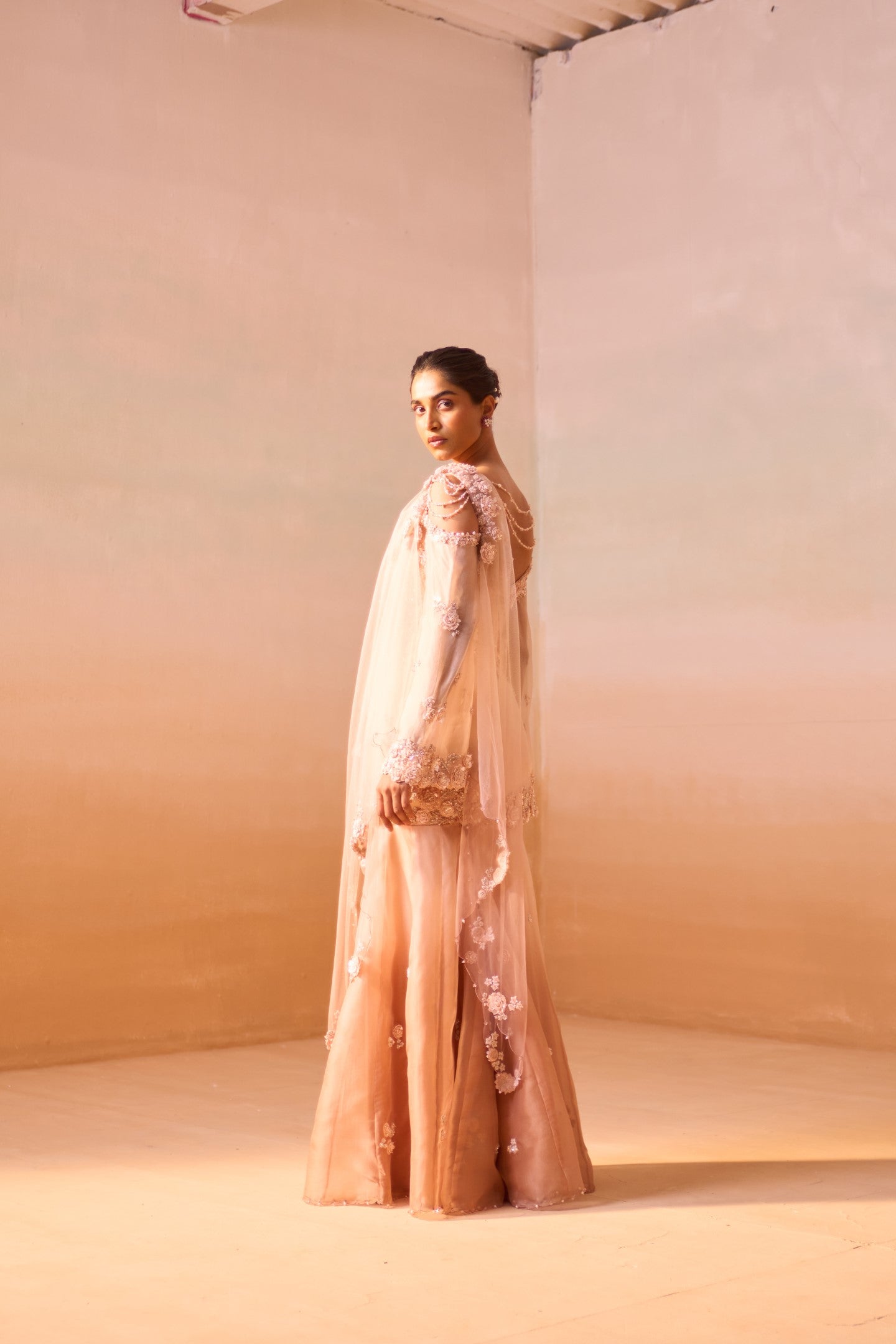 Dusty Rose Ombre Organza Garara Set with 3D Floral Peplum