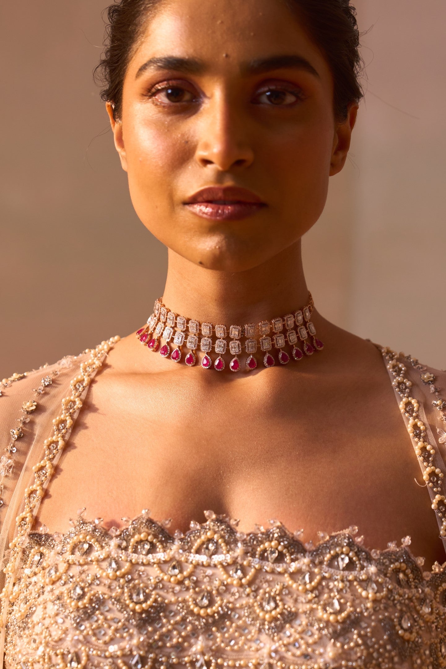 Nude Peach Net Palazzo Set with Pearl Corset and Embroidered Cape