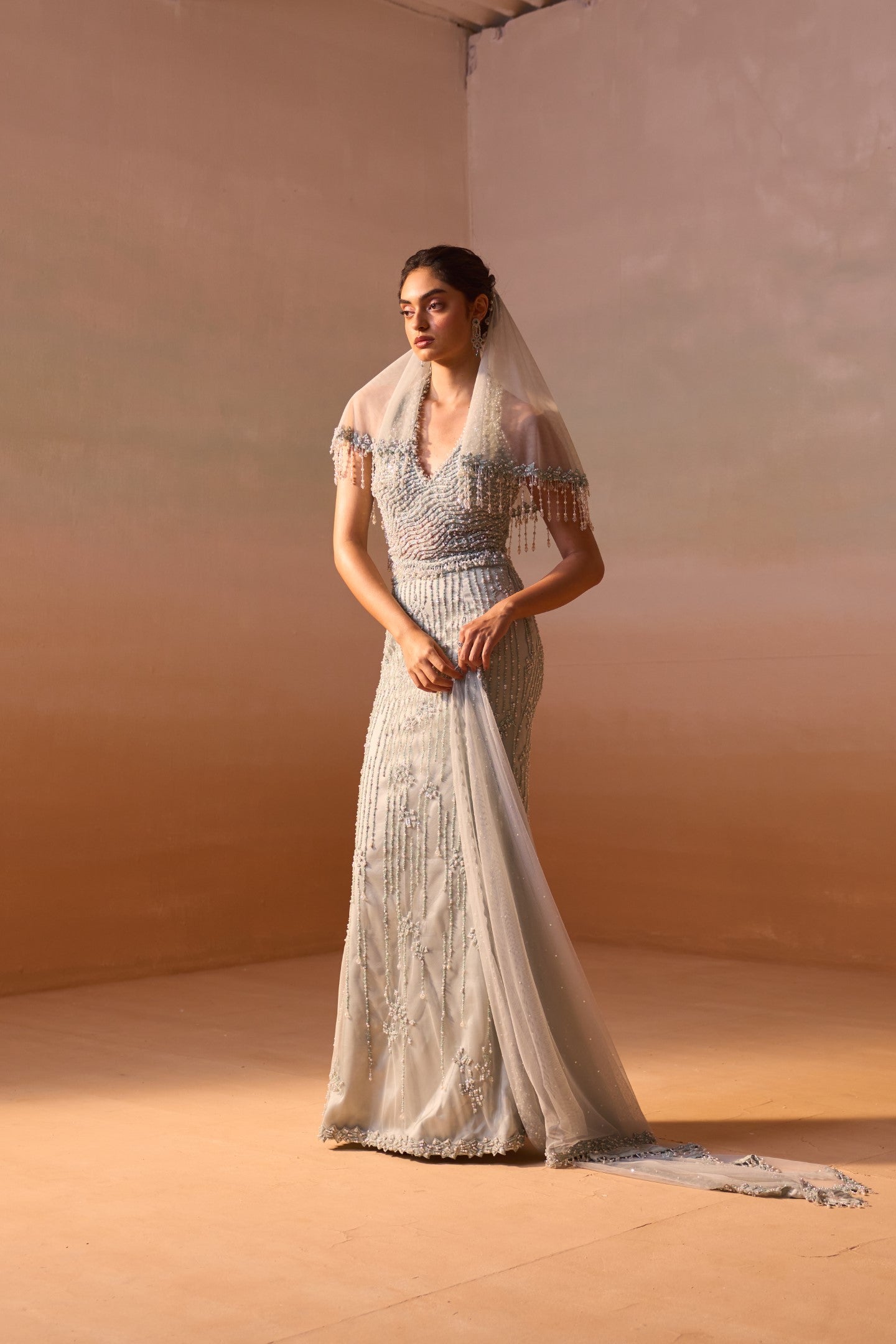 Sage Blue Hand-Embellished Corset Skirt Set in Georgette