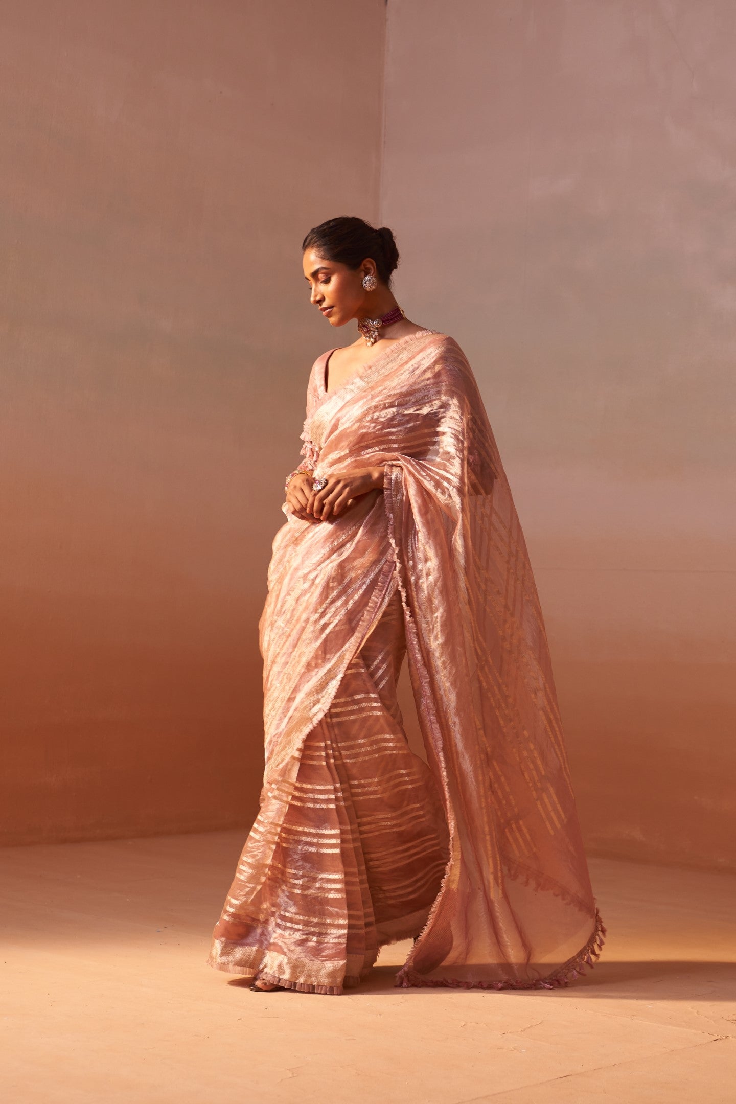 ROSE PINK ORGANZA TISSUE SAREE
