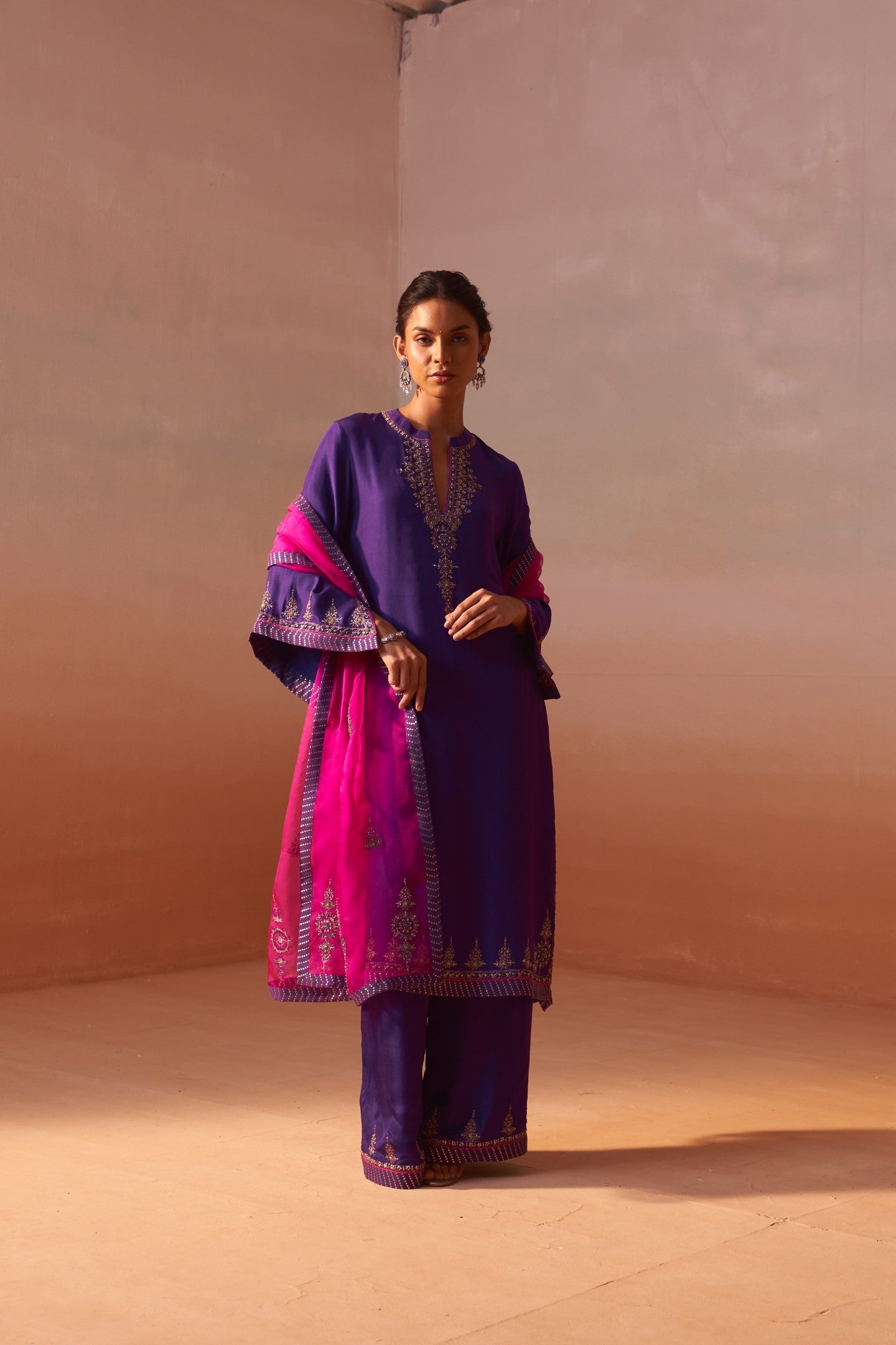 Purple Dupion Silk Palazzo Set with Fuchsia Organza Dupatta