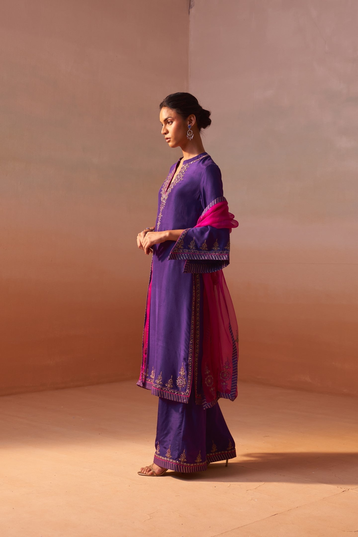 Purple Dupion Silk Palazzo Set with Fuchsia Organza Dupatta
