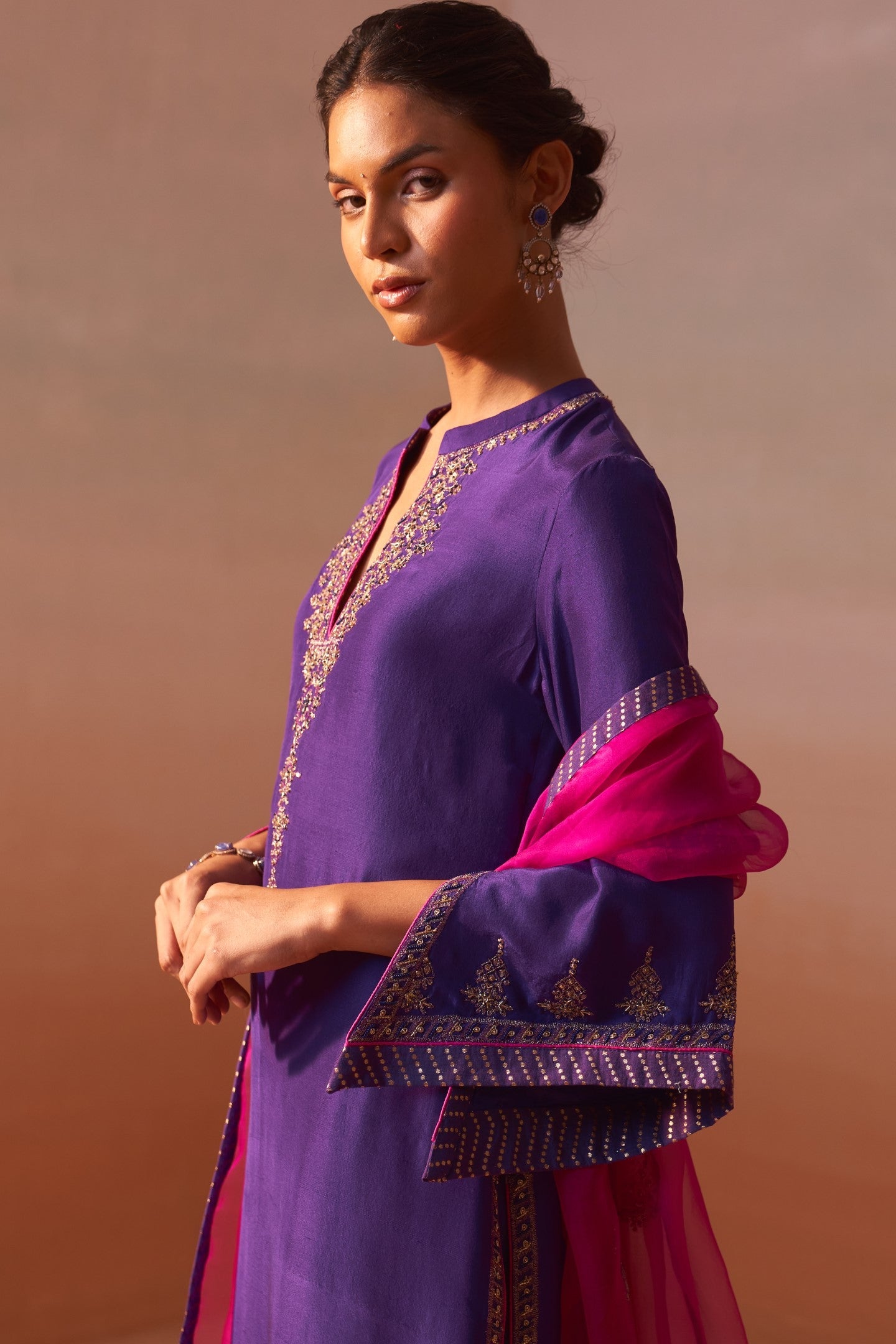 Purple Dupion Silk Palazzo Set with Fuchsia Organza Dupatta