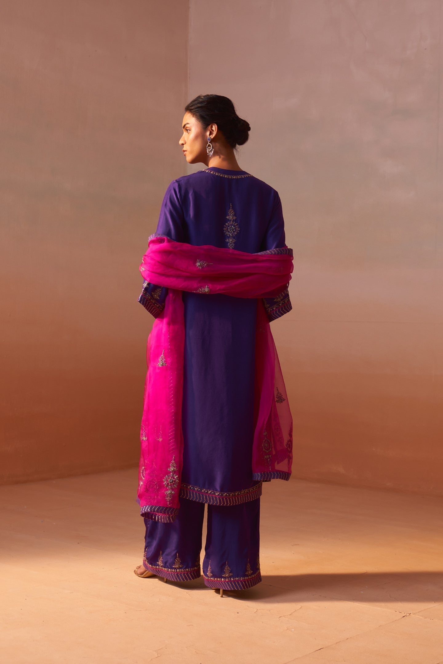 Purple Dupion Silk Palazzo Set with Fuchsia Organza Dupatta
