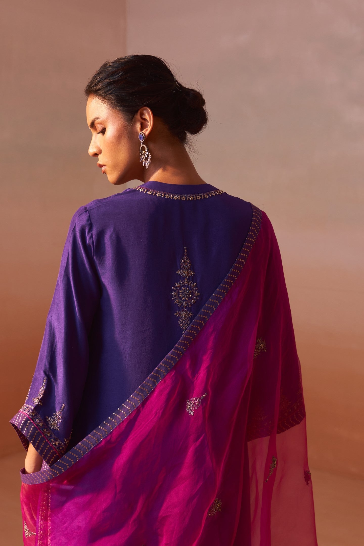 Purple Dupion Silk Palazzo Set with Fuchsia Organza Dupatta
