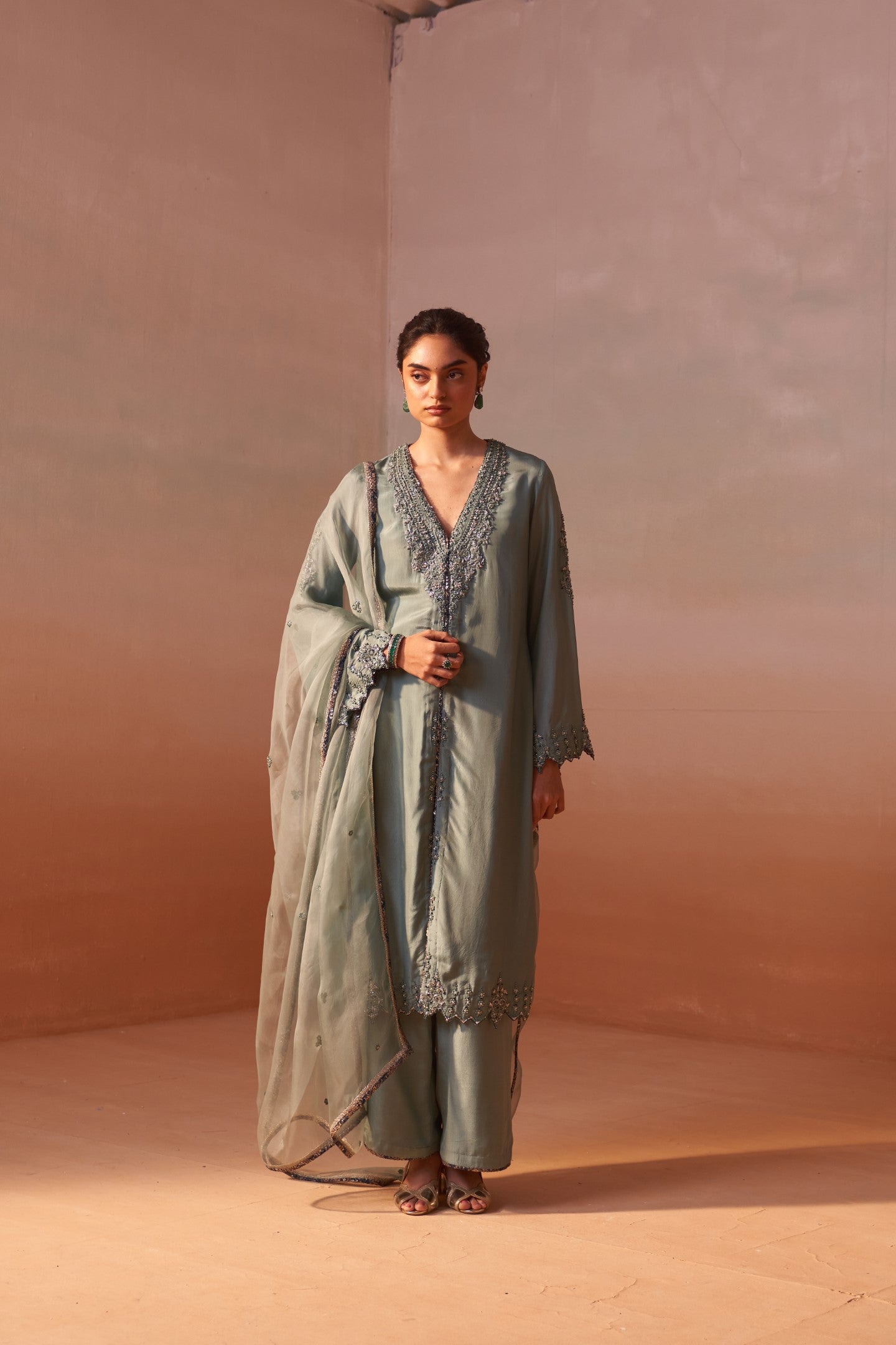 Jade Green Silk Suit Set with Gold Zari & Organza Dupatta
