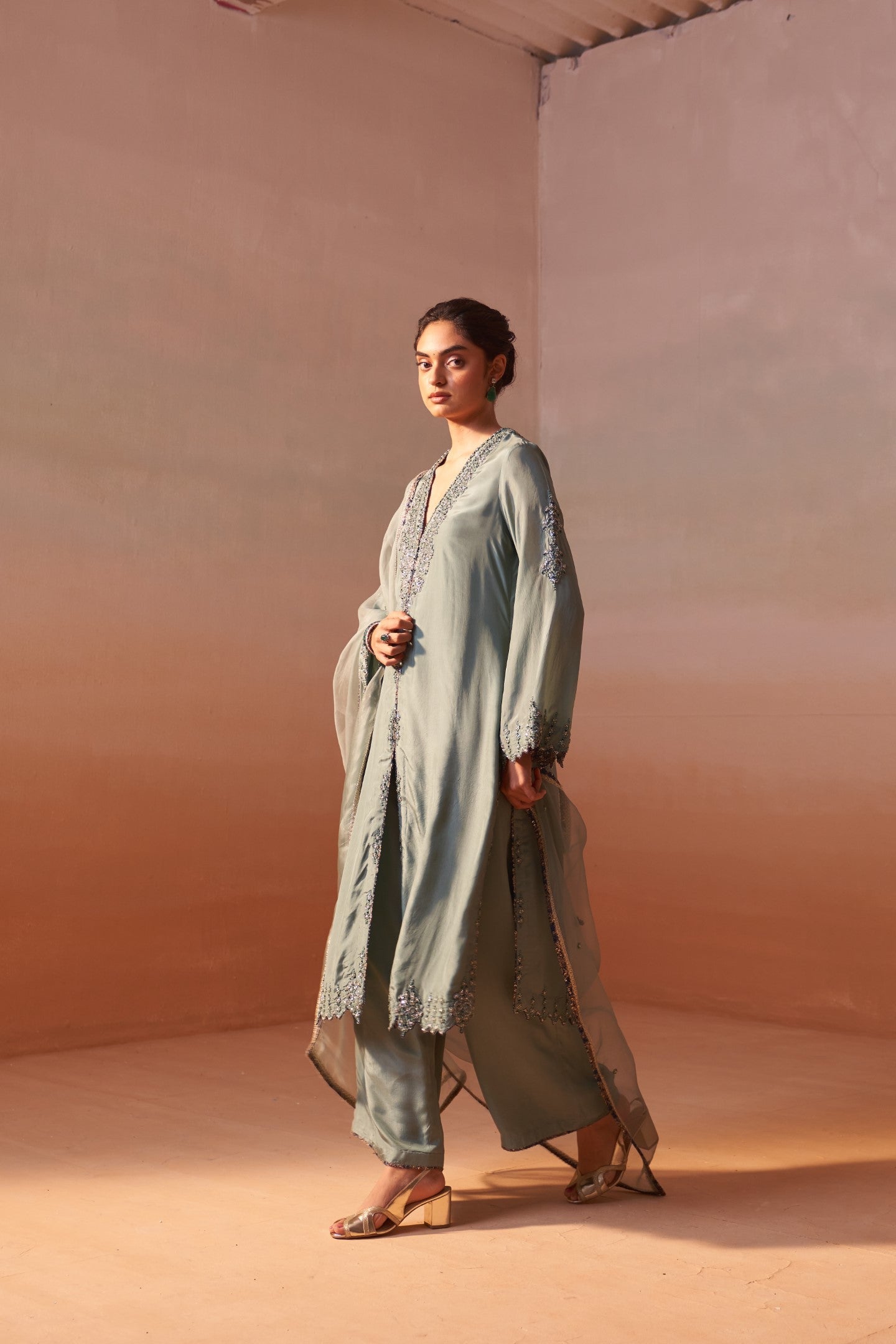 Jade Green Silk Suit Set with Gold Zari & Organza Dupatta