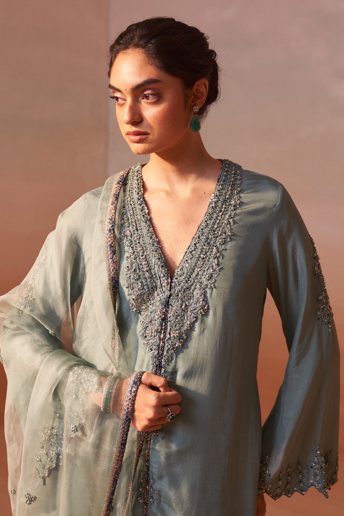 Jade Green Silk Suit Set with Gold Zari & Organza Dupatta