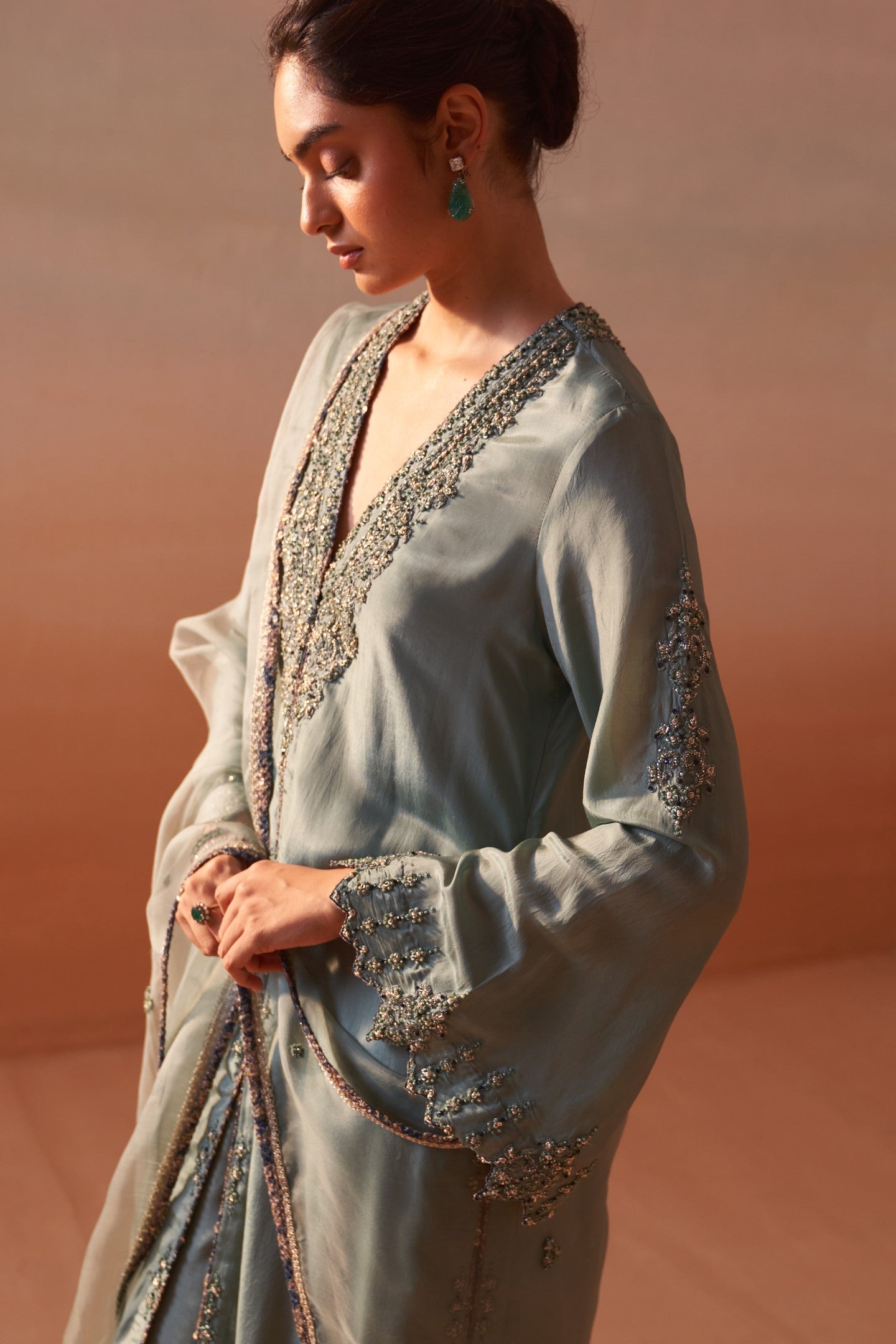 Jade Green Silk Suit Set with Gold Zari & Organza Dupatta