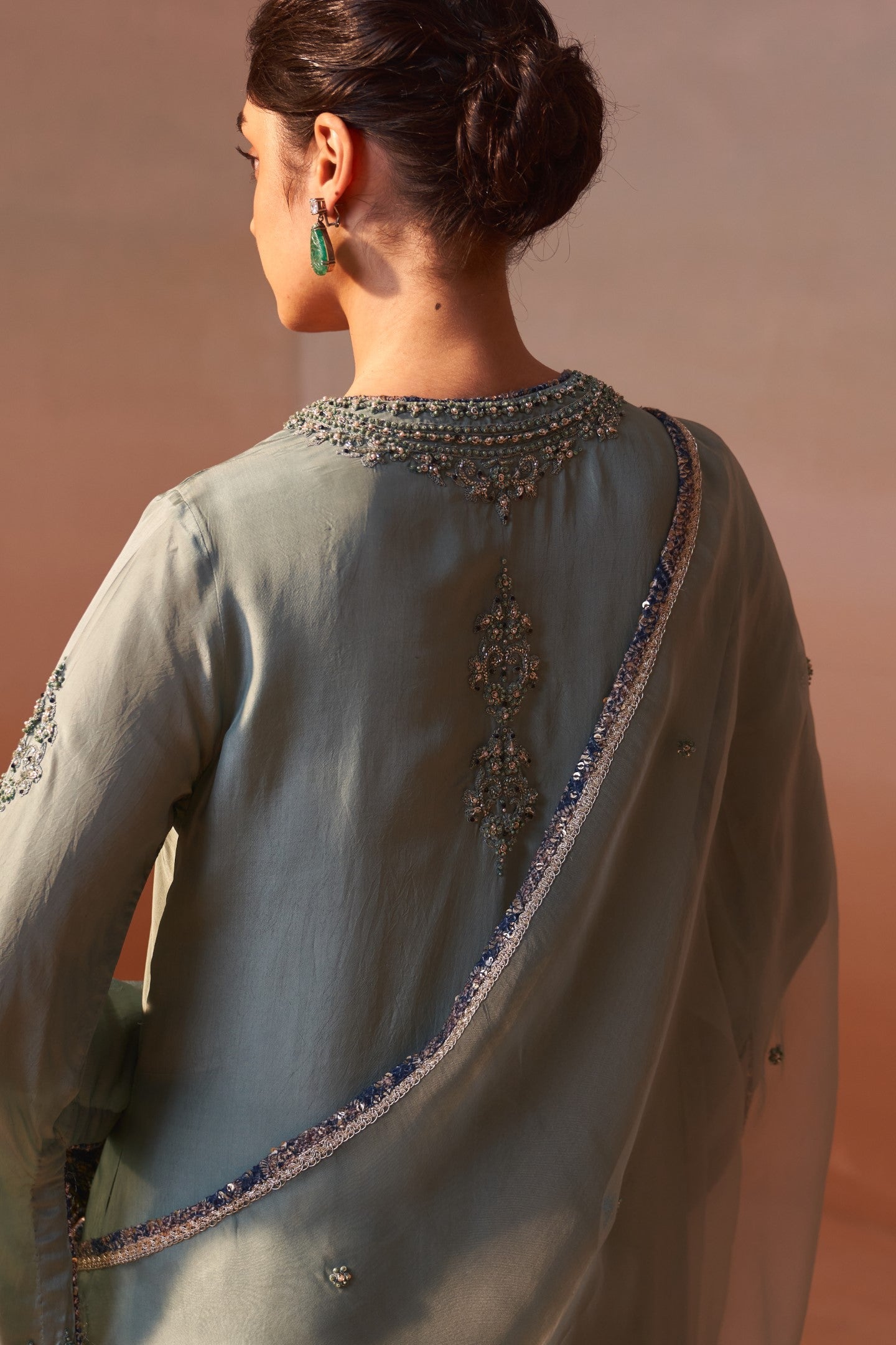 Jade Green Silk Suit Set with Gold Zari & Organza Dupatta