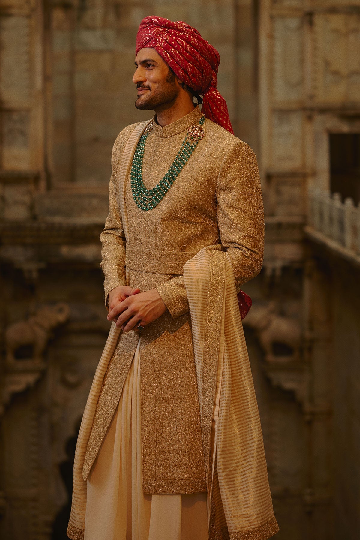 Salmon Matka Sherwani Beige Kurta Churidar Set