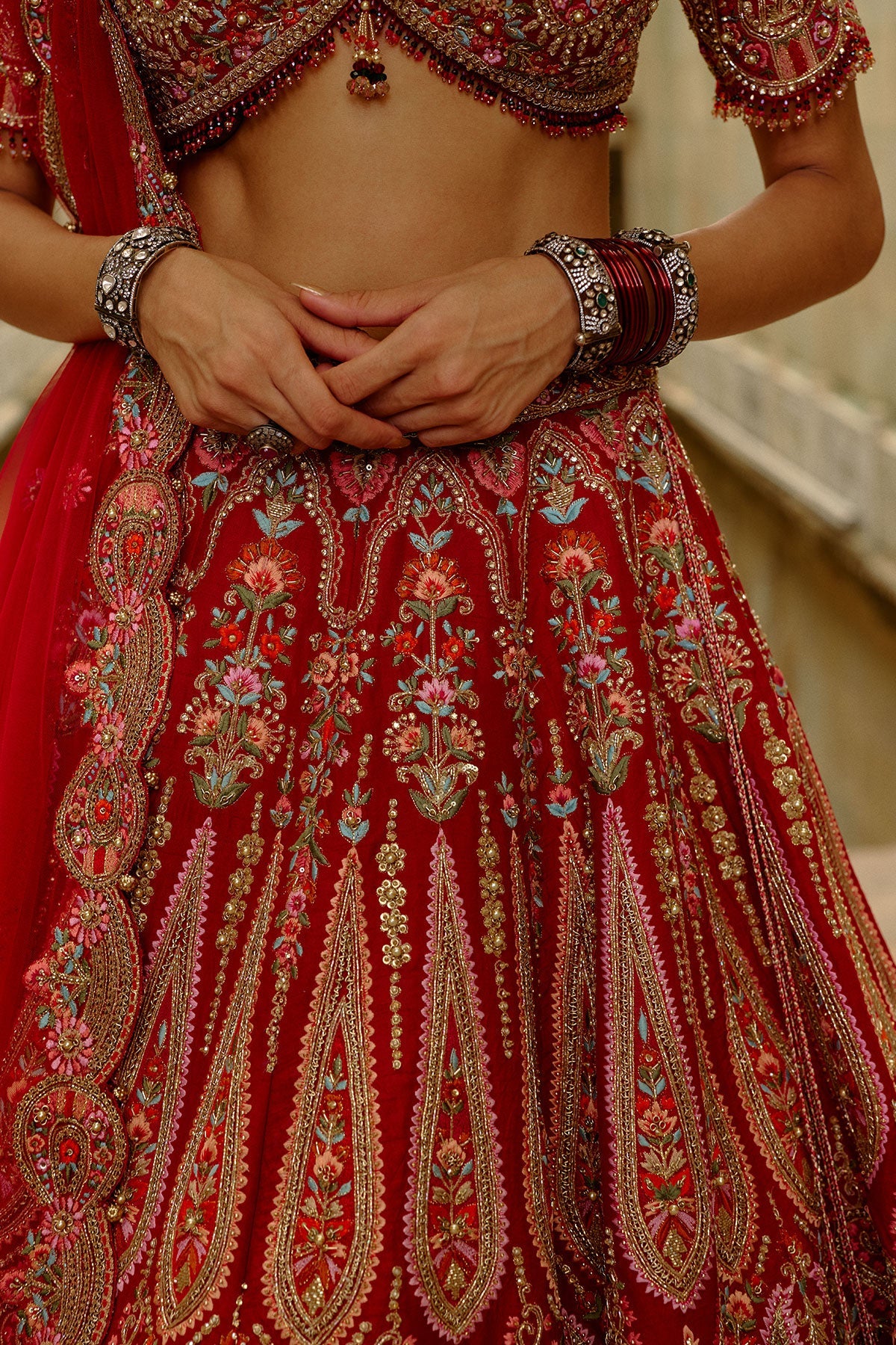 Red Raw Silk Multi-Resham Embroidery Lehenga Set