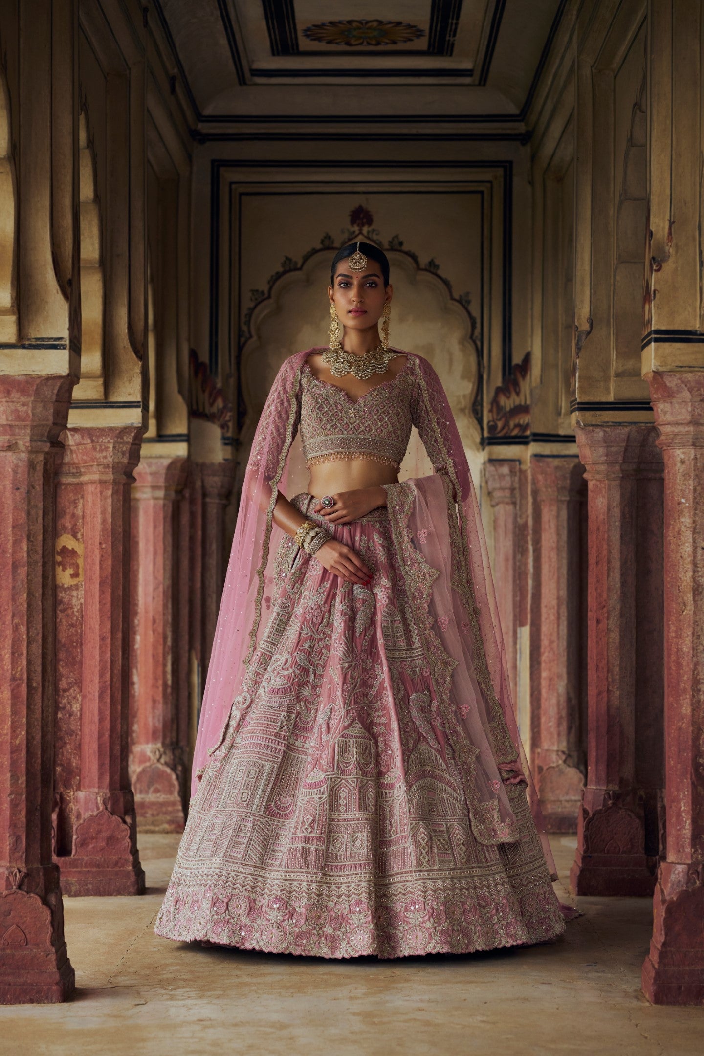 Blush Pink Velvet Lehenga Choli with Rosegold Kasab Embroidery