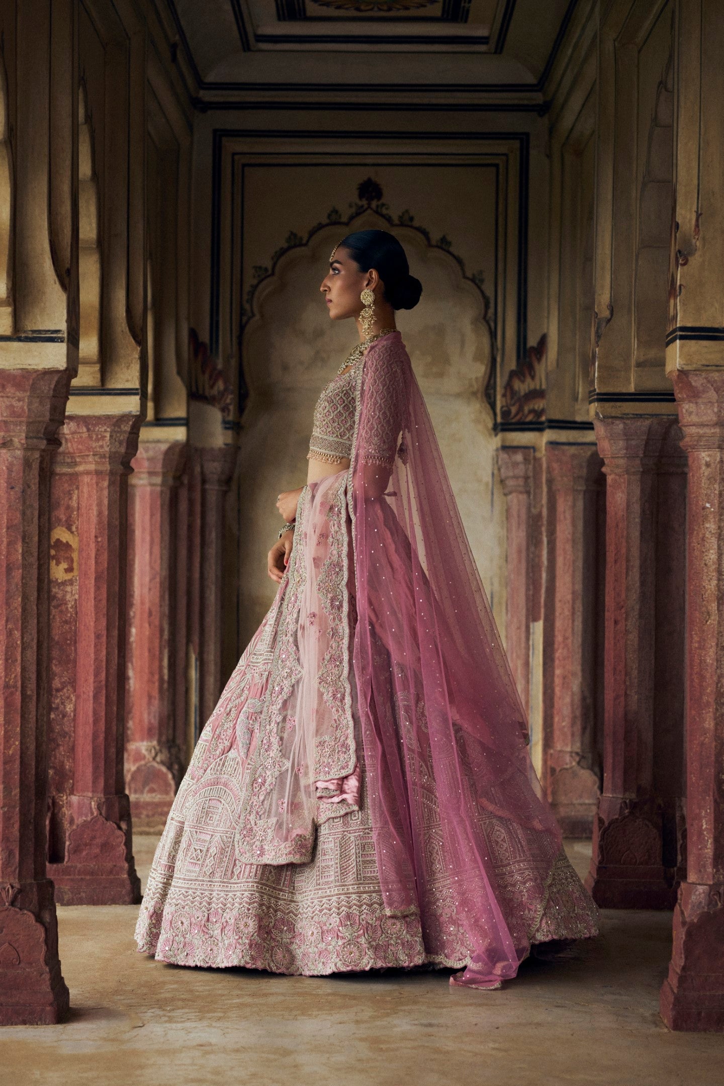 Blush Pink Velvet Lehenga Choli with Rosegold Kasab Embroidery