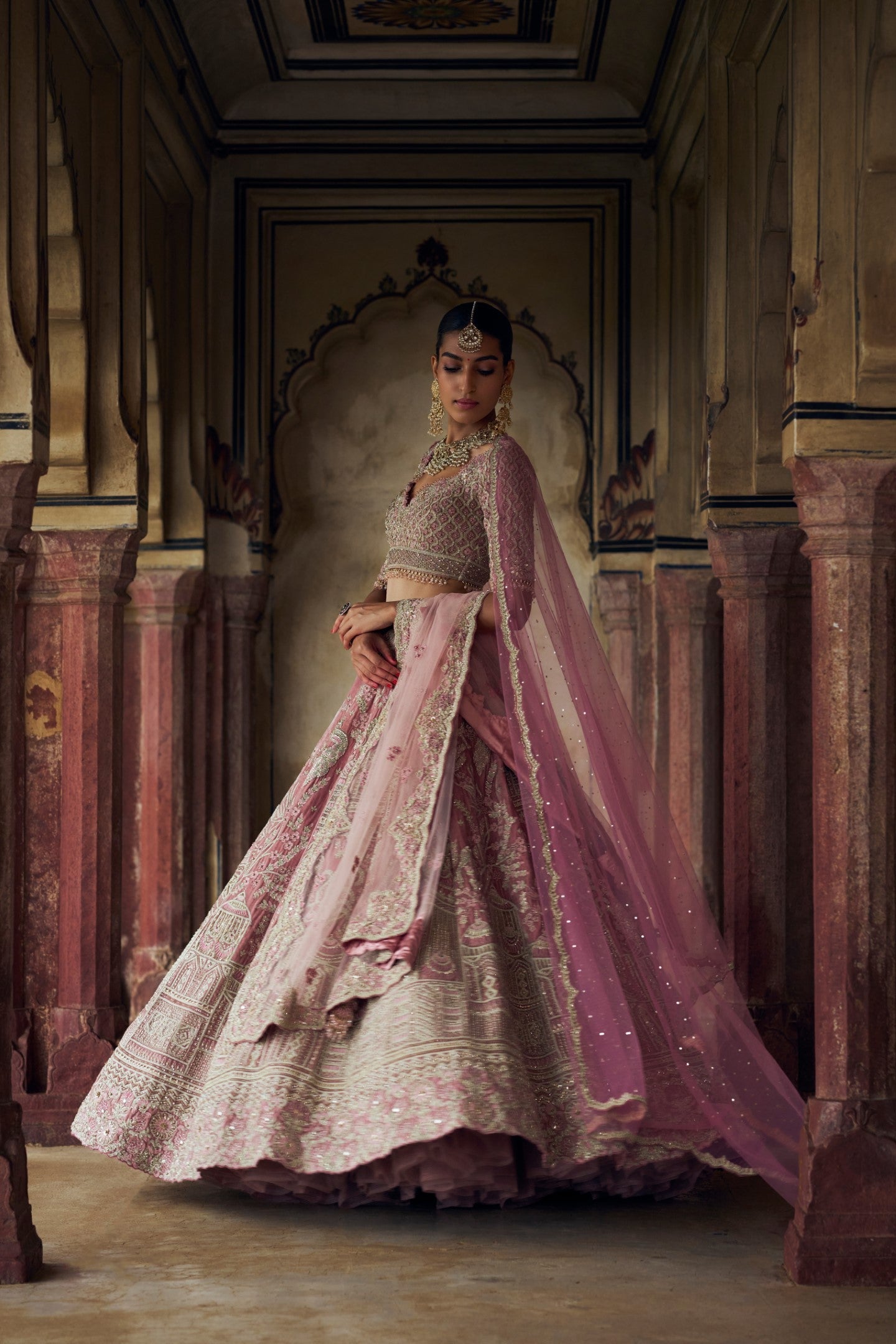 Blush Pink Velvet Lehenga Choli with Rosegold Kasab Embroidery