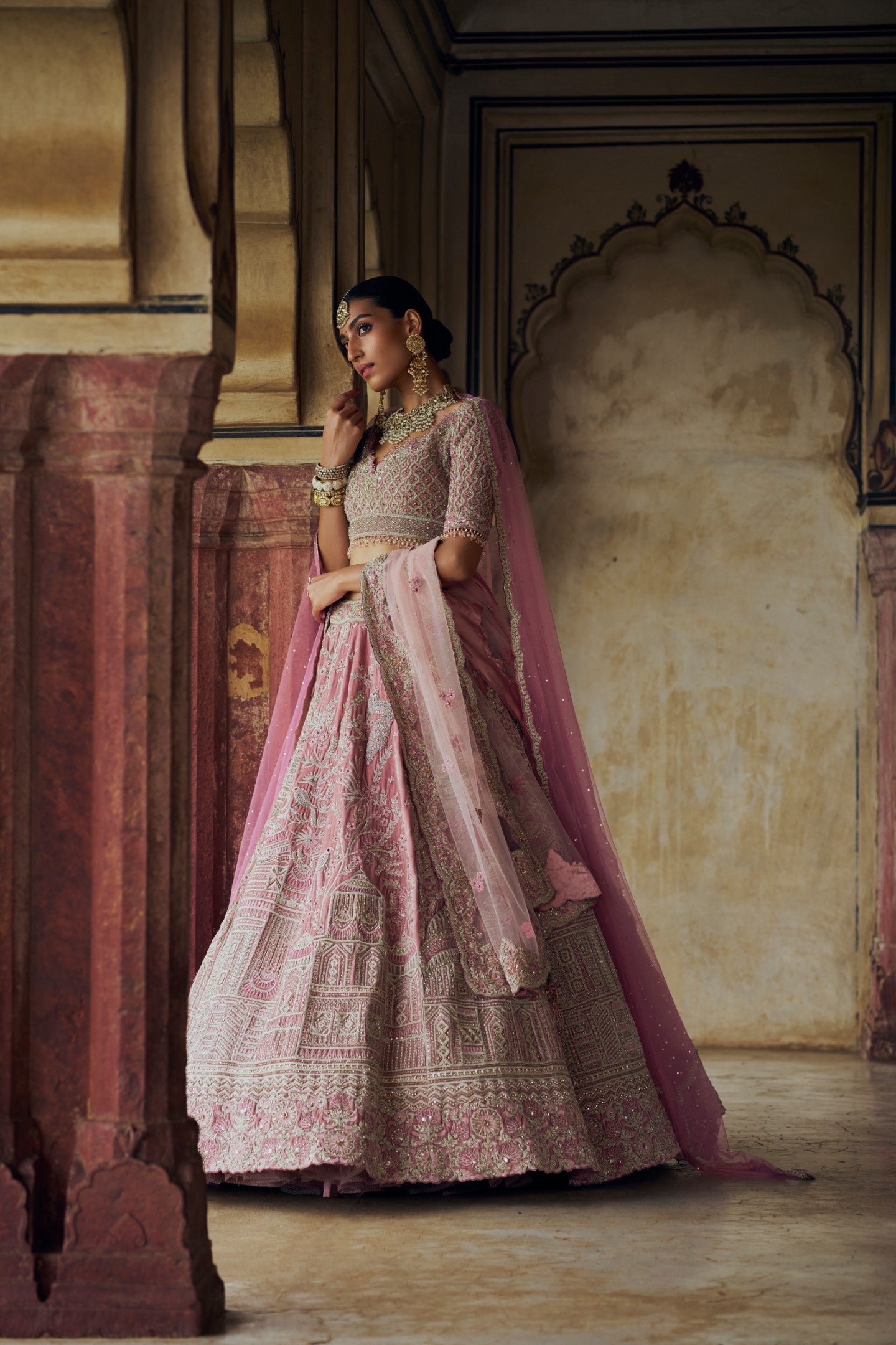 Blush Pink Velvet Lehenga Choli with Rosegold Kasab Embroidery