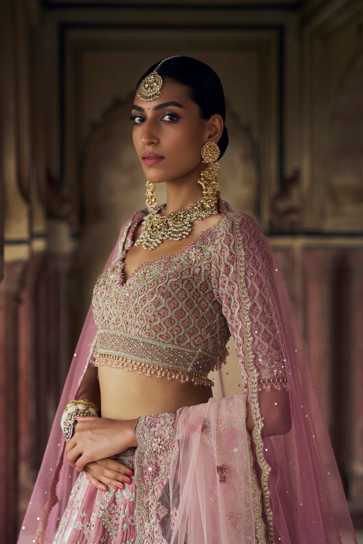Blush Pink Velvet Lehenga Choli with Rosegold Kasab Embroidery