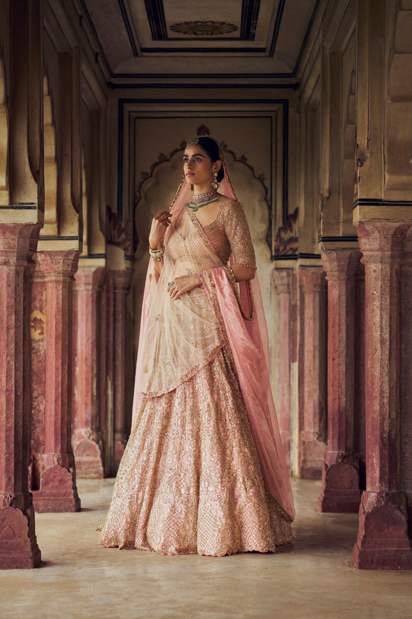 Peach Tulle Lehenga Choli with Gold Applique for Weddings