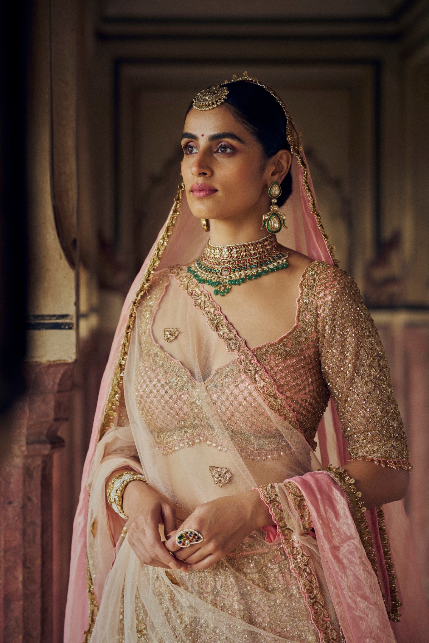 Peach Tulle Lehenga Choli with Gold Applique for Weddings