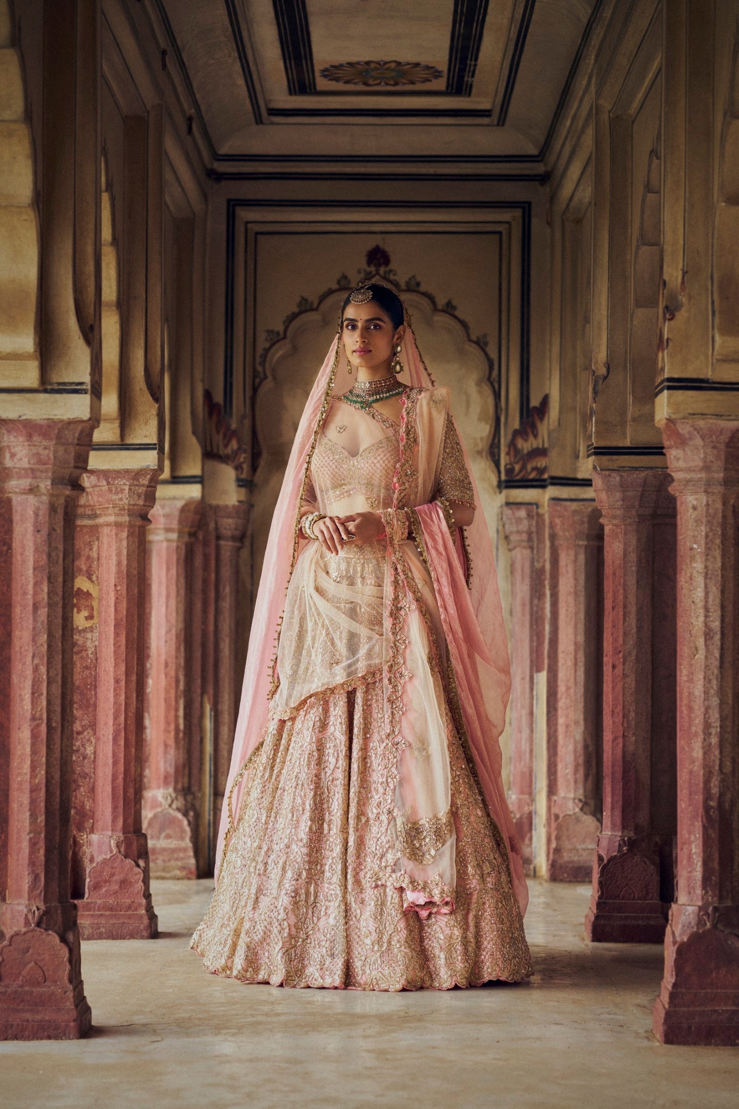 Peach Tulle Lehenga Choli with Gold Applique for Weddings