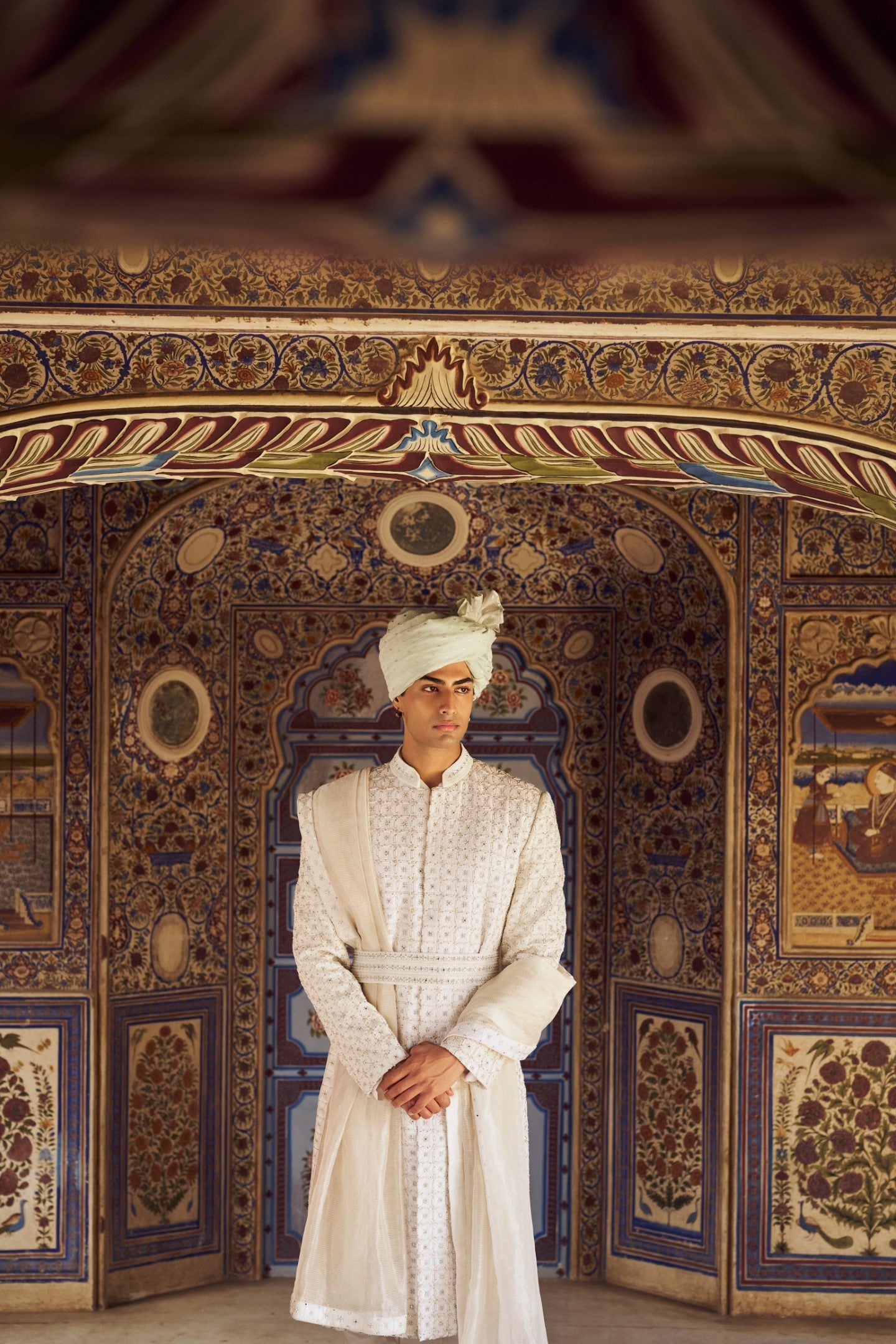 IVORY RAW SILK SHERWANI WITH KURTA AND CHURIDAR