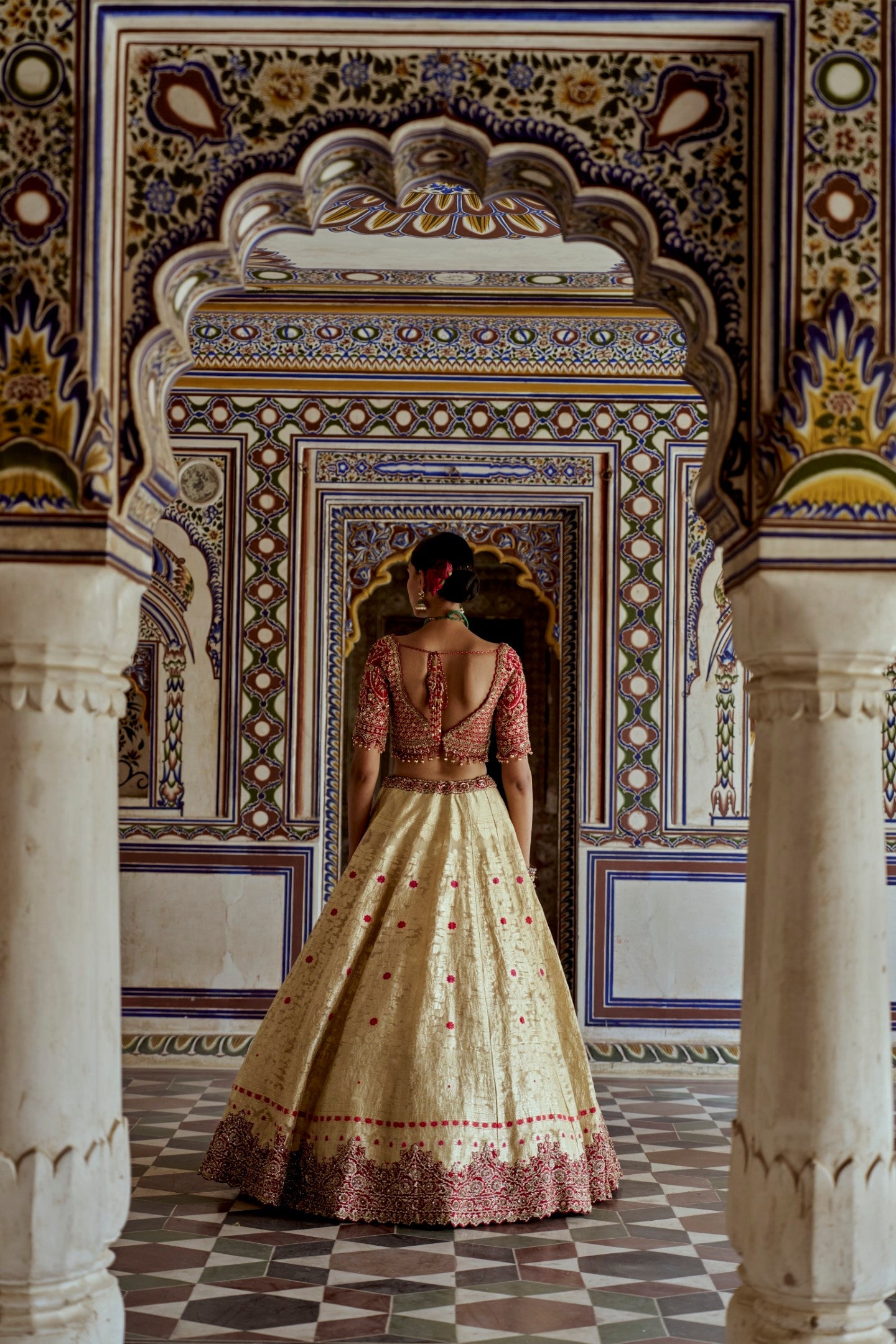 Gold Woven Benarsi Lehenga with Red Raw Silk Choli
