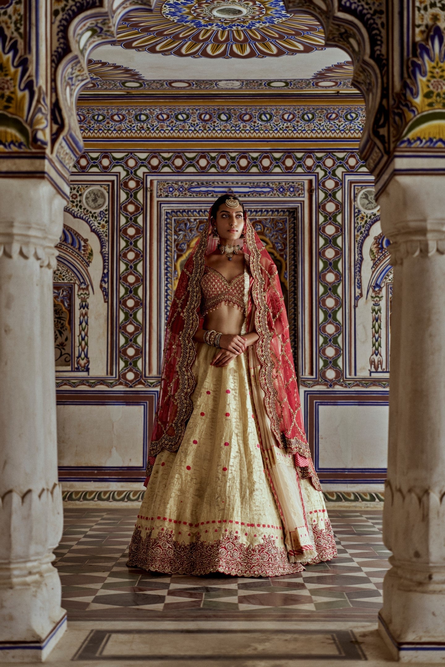 Gold Woven Benarsi Lehenga with Red Raw Silk Choli