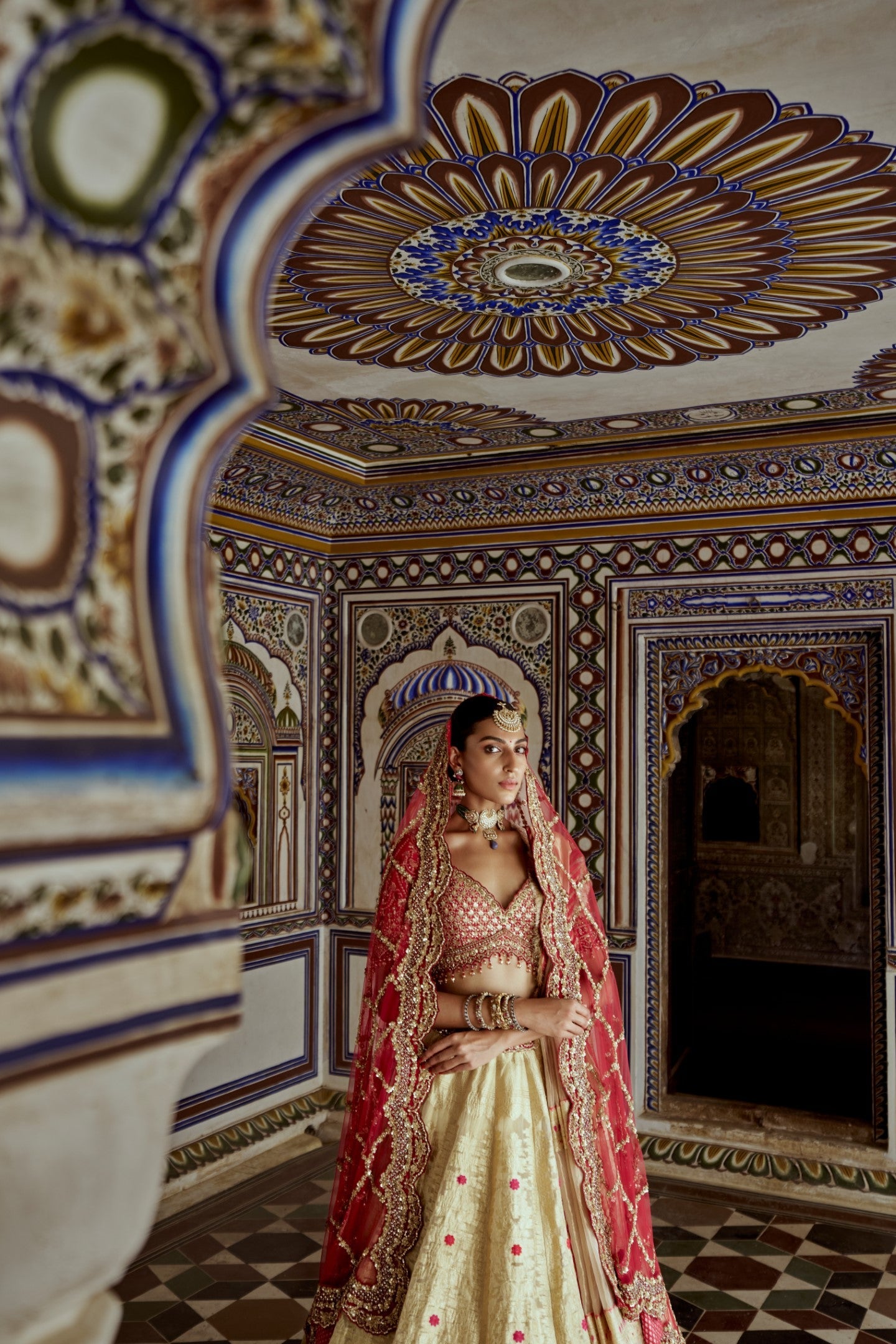 Gold Woven Benarsi Lehenga with Red Raw Silk Choli