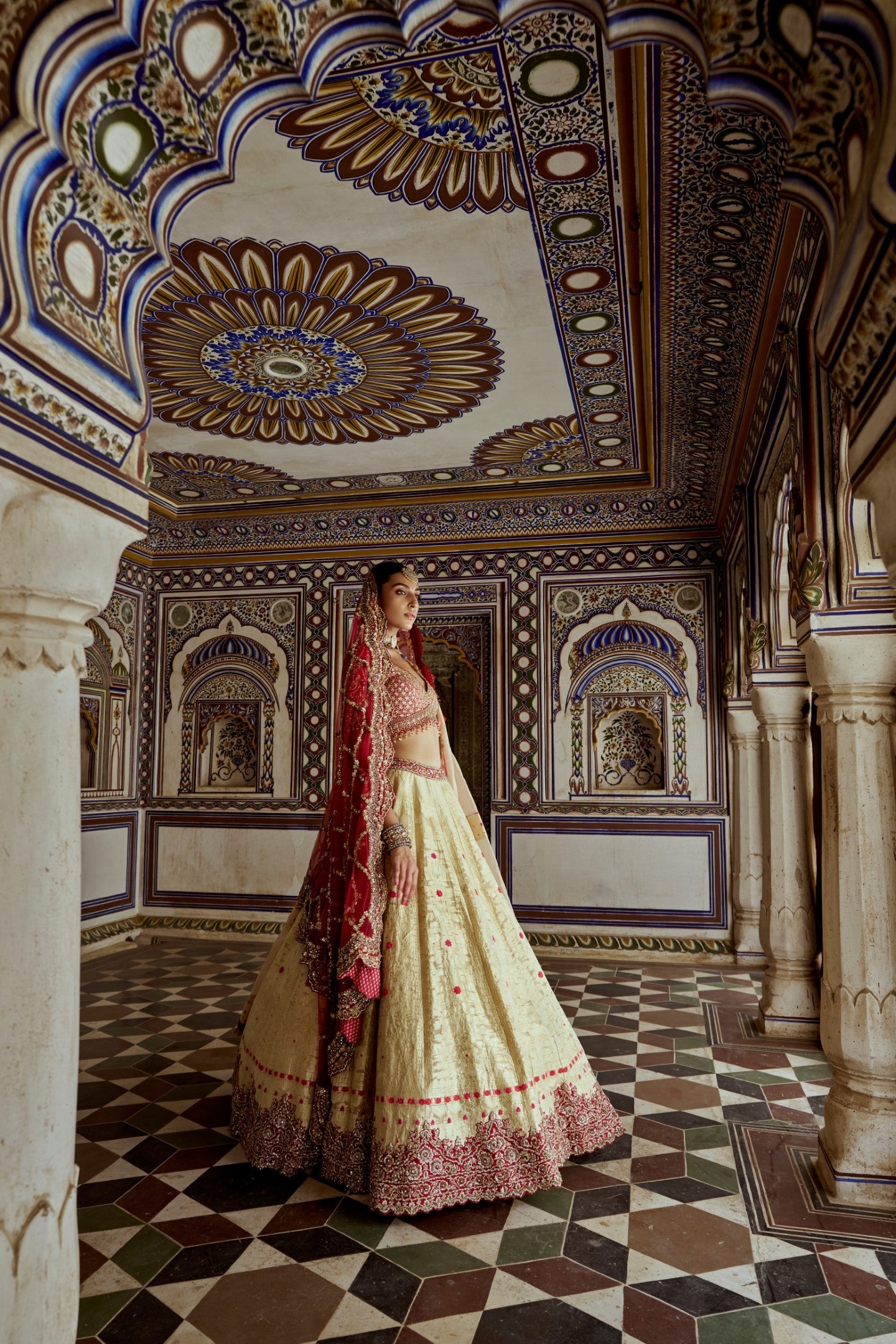 Gold Woven Benarsi Lehenga with Red Raw Silk Choli