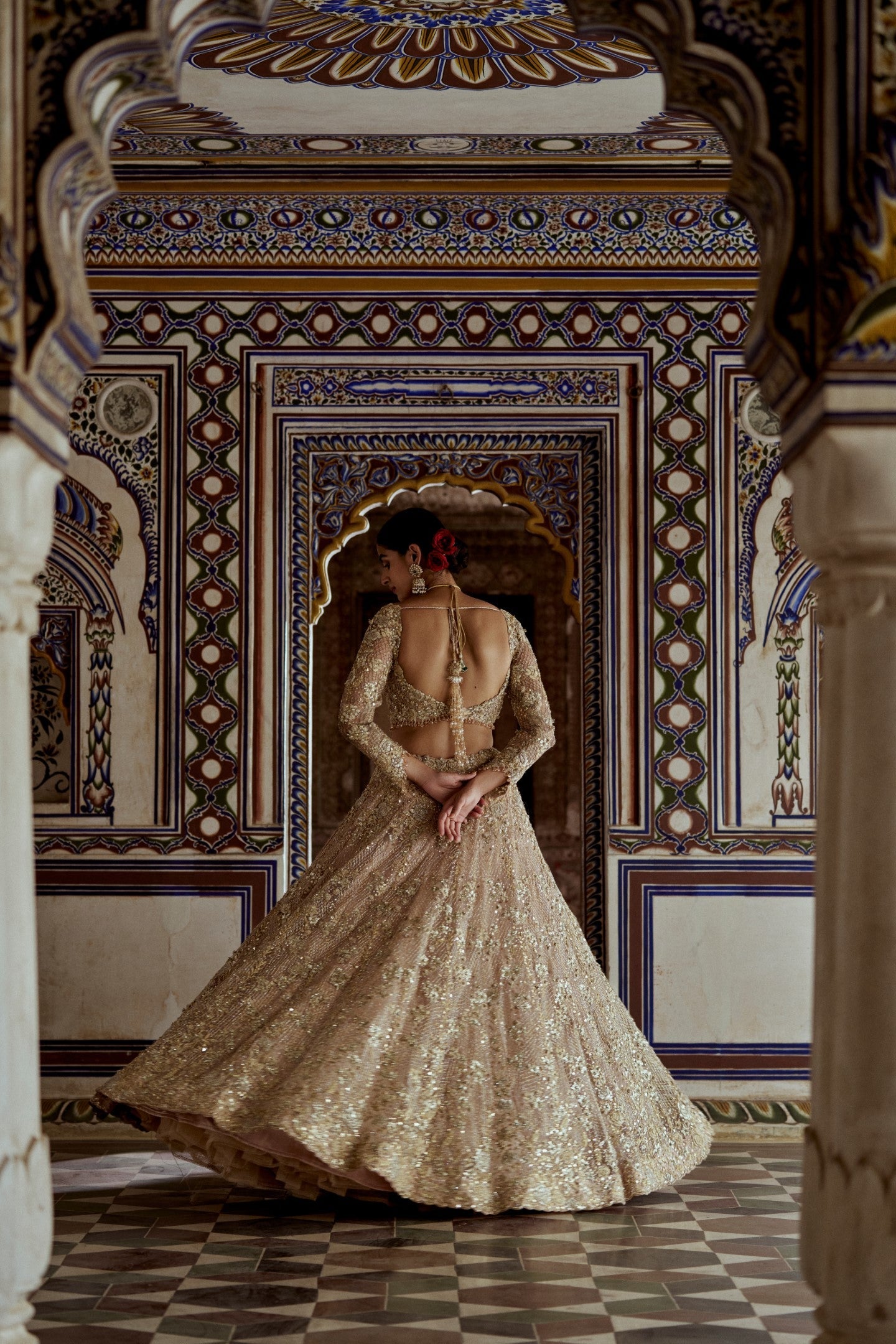 Champagne Gold Net Lehenga Choli with Zari & Dabka Work