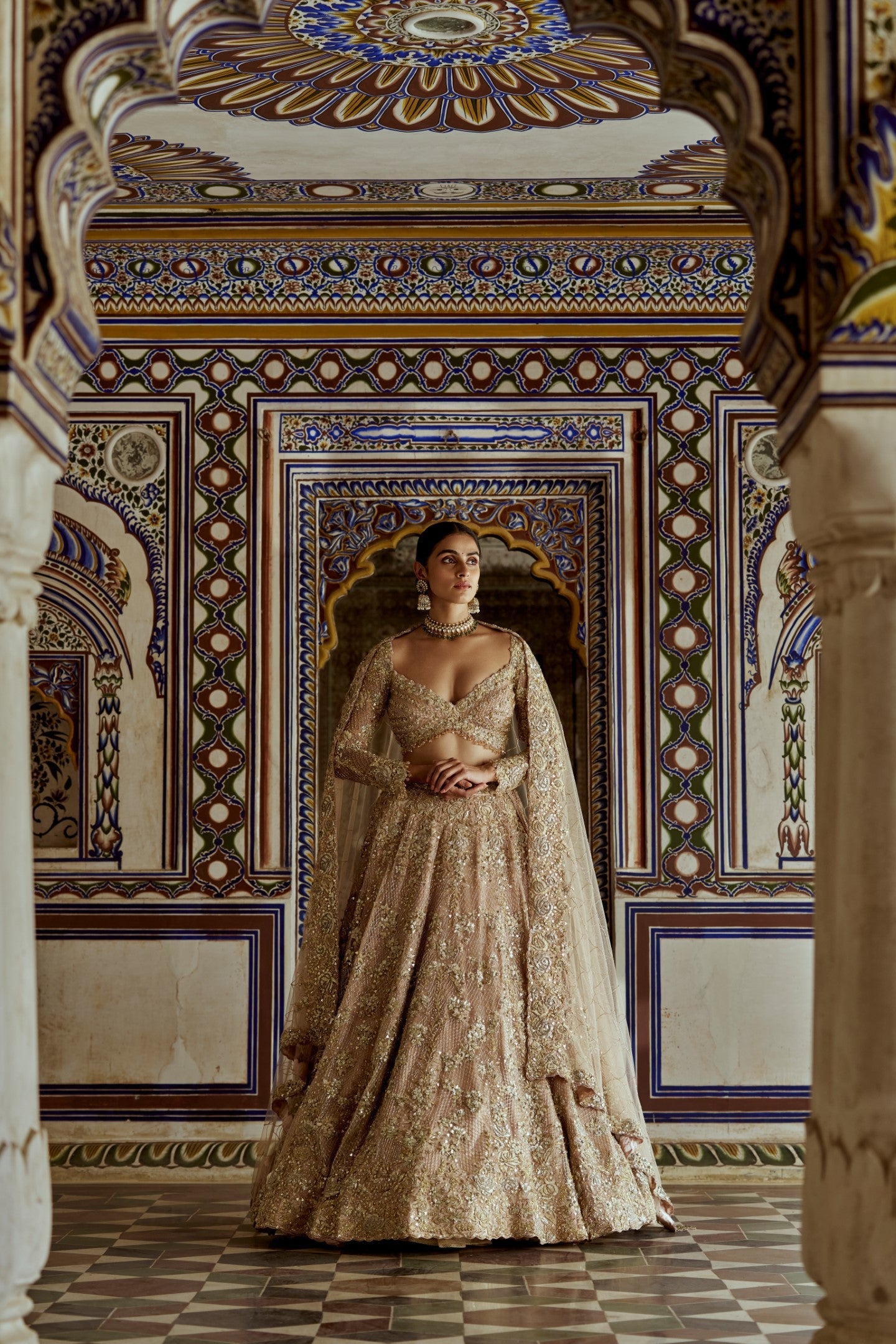 Champagne Gold Net Lehenga Choli with Zari & Dabka Work