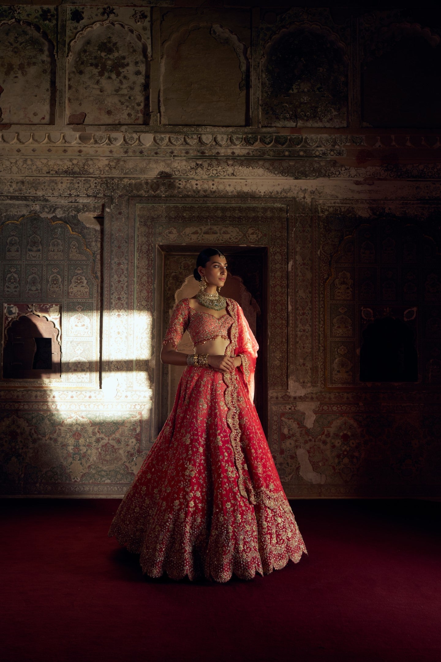 Red Ombre Raw Silk Lehenga with Coral Choli & Net Dupatta