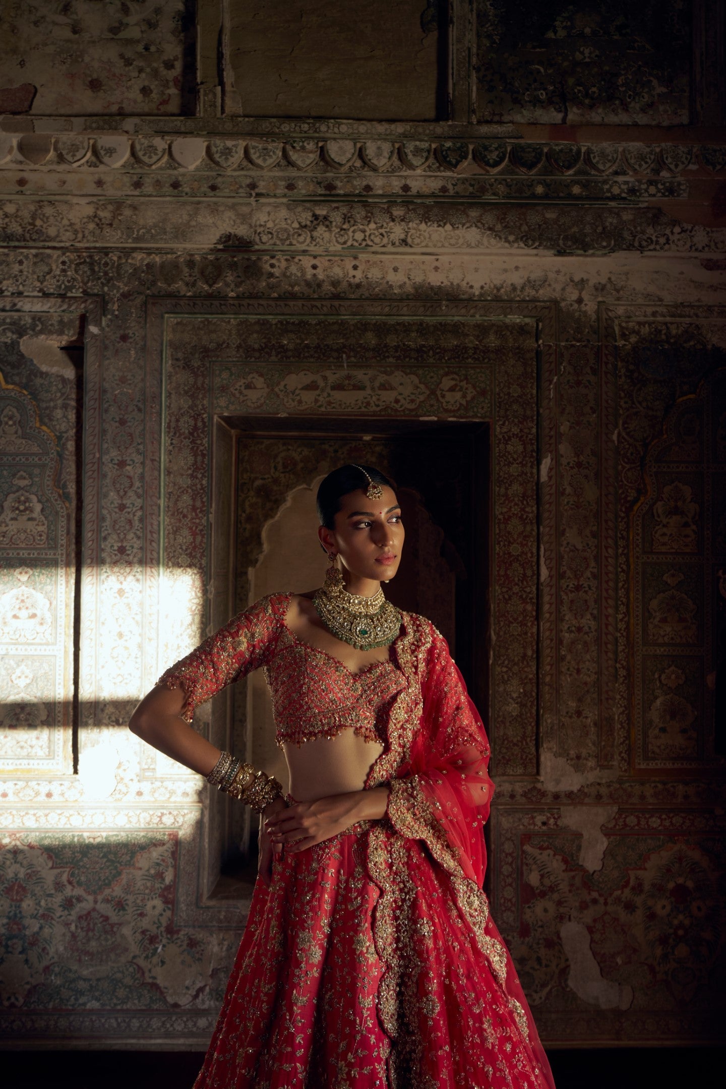 Red Ombre Raw Silk Lehenga with Coral Choli & Net Dupatta