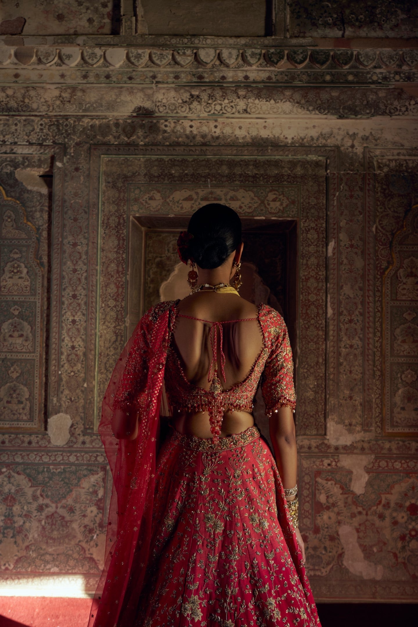 Red Ombre Raw Silk Lehenga with Coral Choli & Net Dupatta