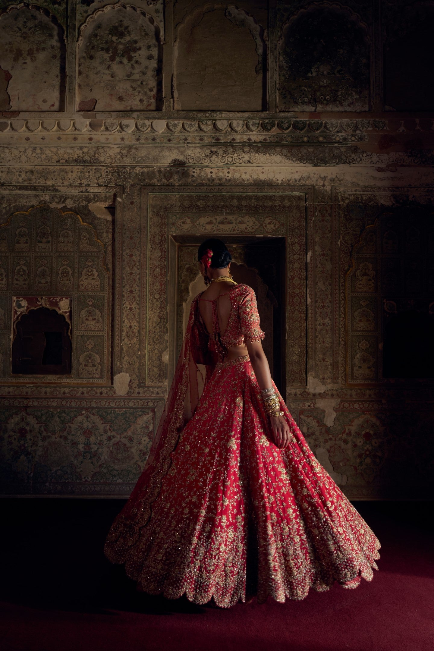 Red Ombre Raw Silk Lehenga with Coral Choli & Net Dupatta