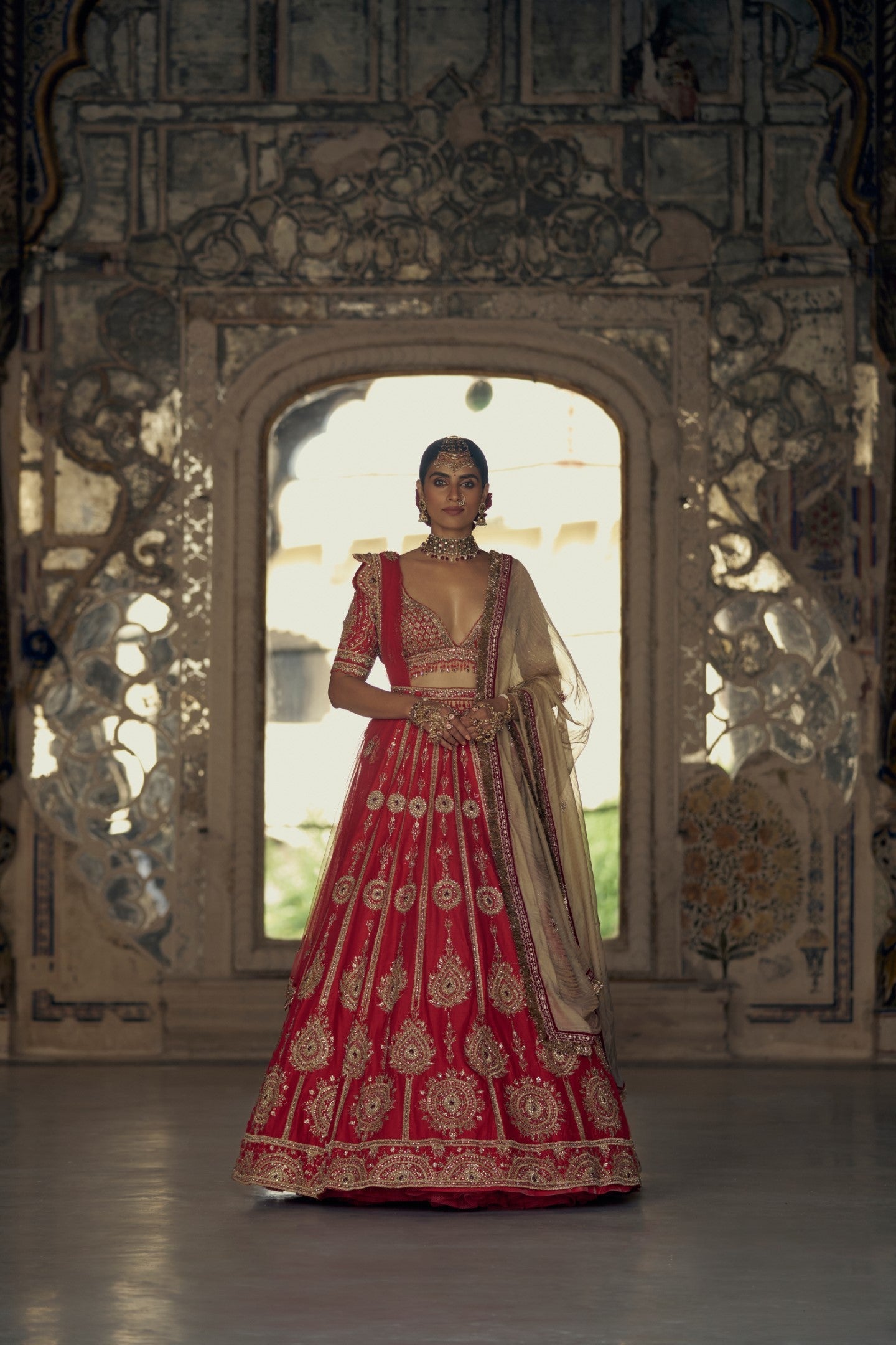 Red Raw Silk Lehenga Choli with Embroidered Net Dupatta