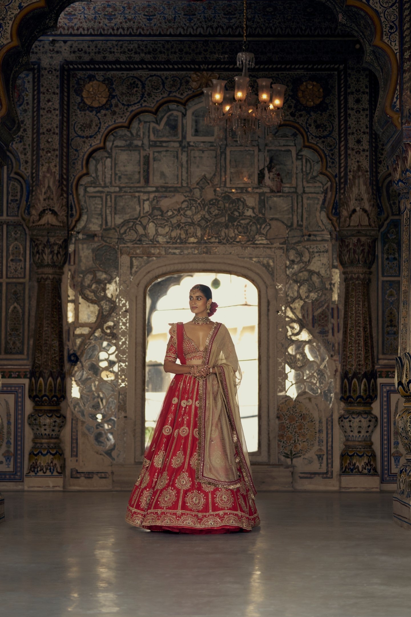 Red Raw Silk Lehenga Choli with Embroidered Net Dupatta